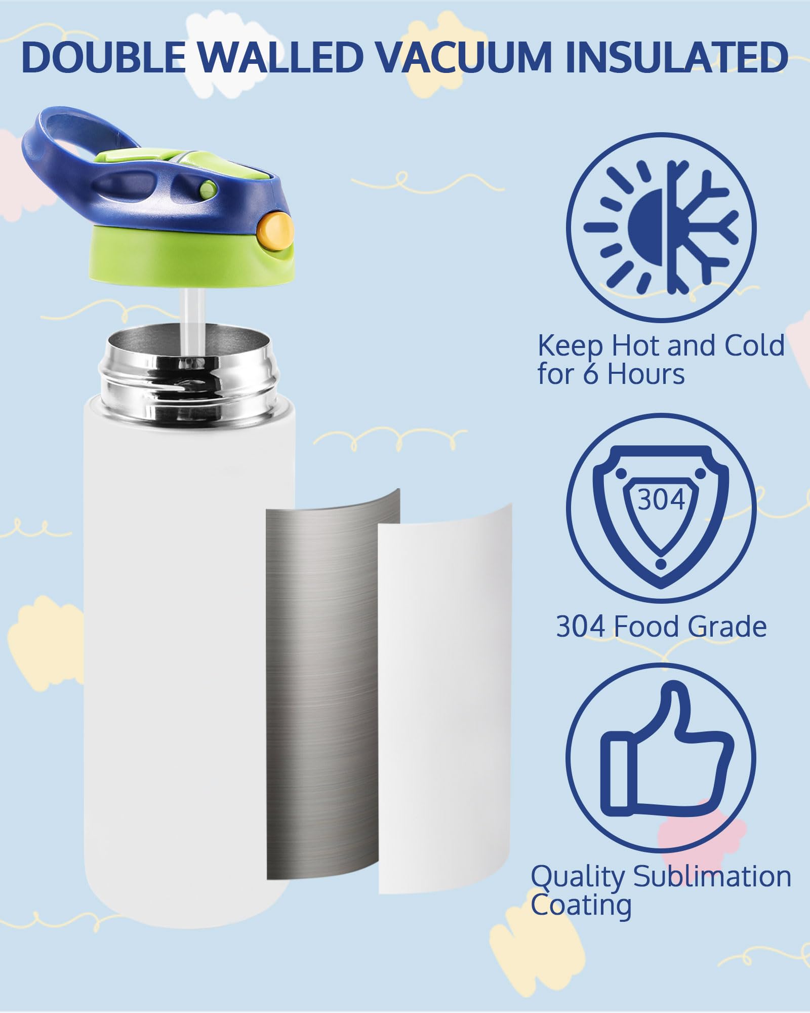 OFFNOVA 16oz Kids Sublimation Tumbler with Handle - 4 Pack Blank Water Bottles for Sublimation, Perfect for Milk, Juice, Soda & Drinks - Great for School, Sports, Travel & Outdoor Activities