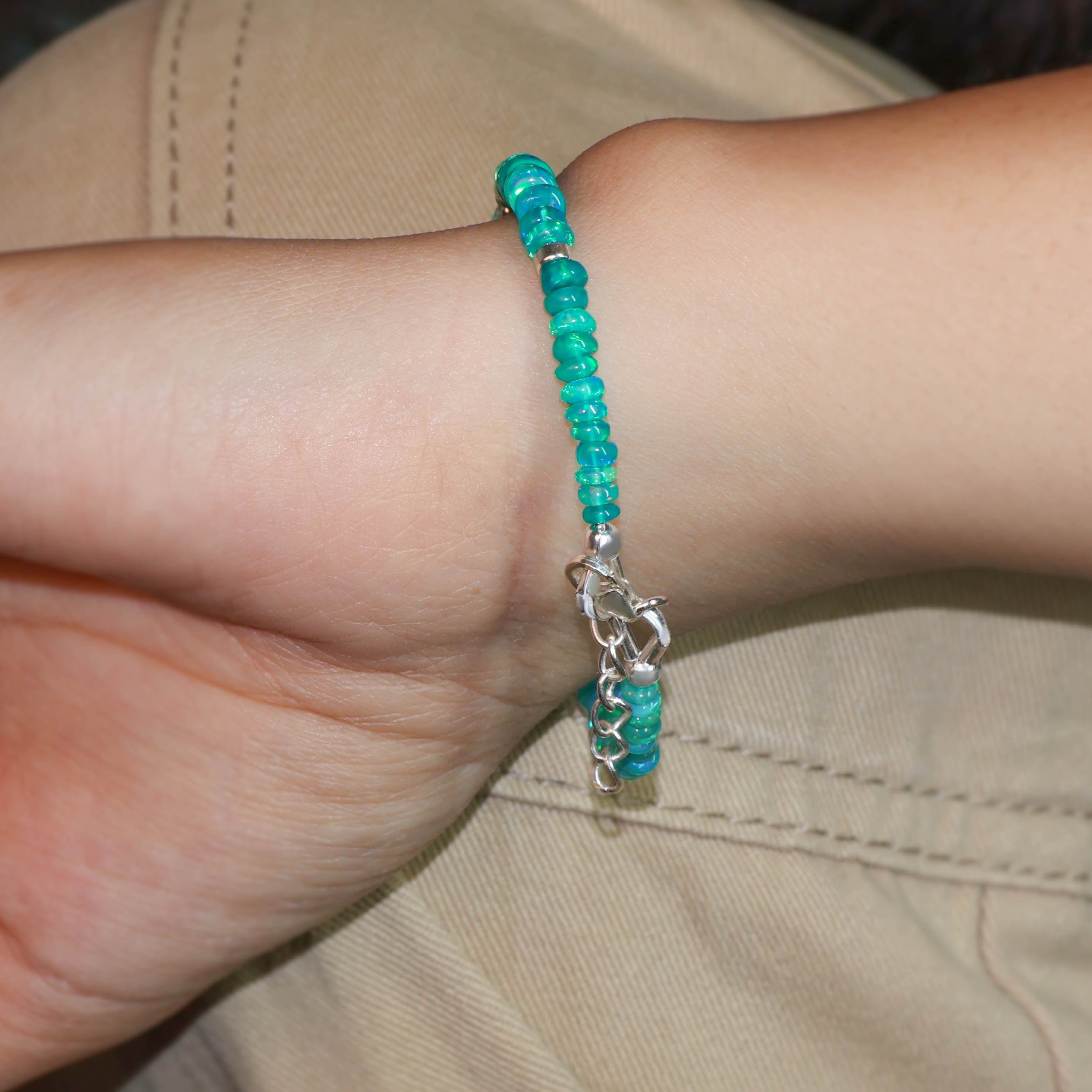 Natural Green Opal Beaded Bracelet with Circular Silver Chakri Beads – Handmade Boho Jewelry for Women, Spiritual Healing & Energy Balancing – Perfect for Yoga, Meditation & Everyday Wear