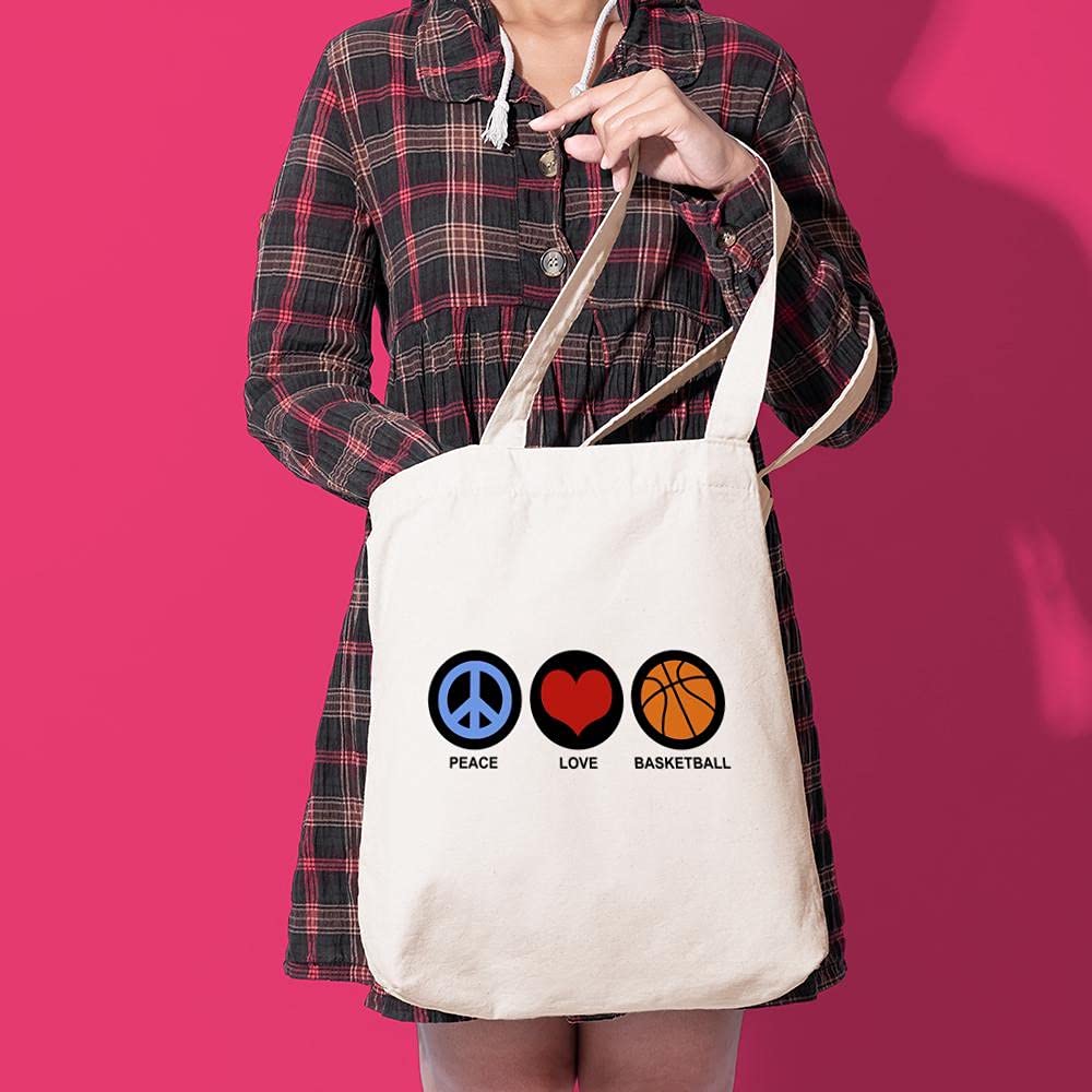 Peace Love Basketball Tote Bag - Natural Canvas Reusable Shopping Bag for Groceries, Beach & Gym | Eco-Friendly Cotton Tote with Large Capacity