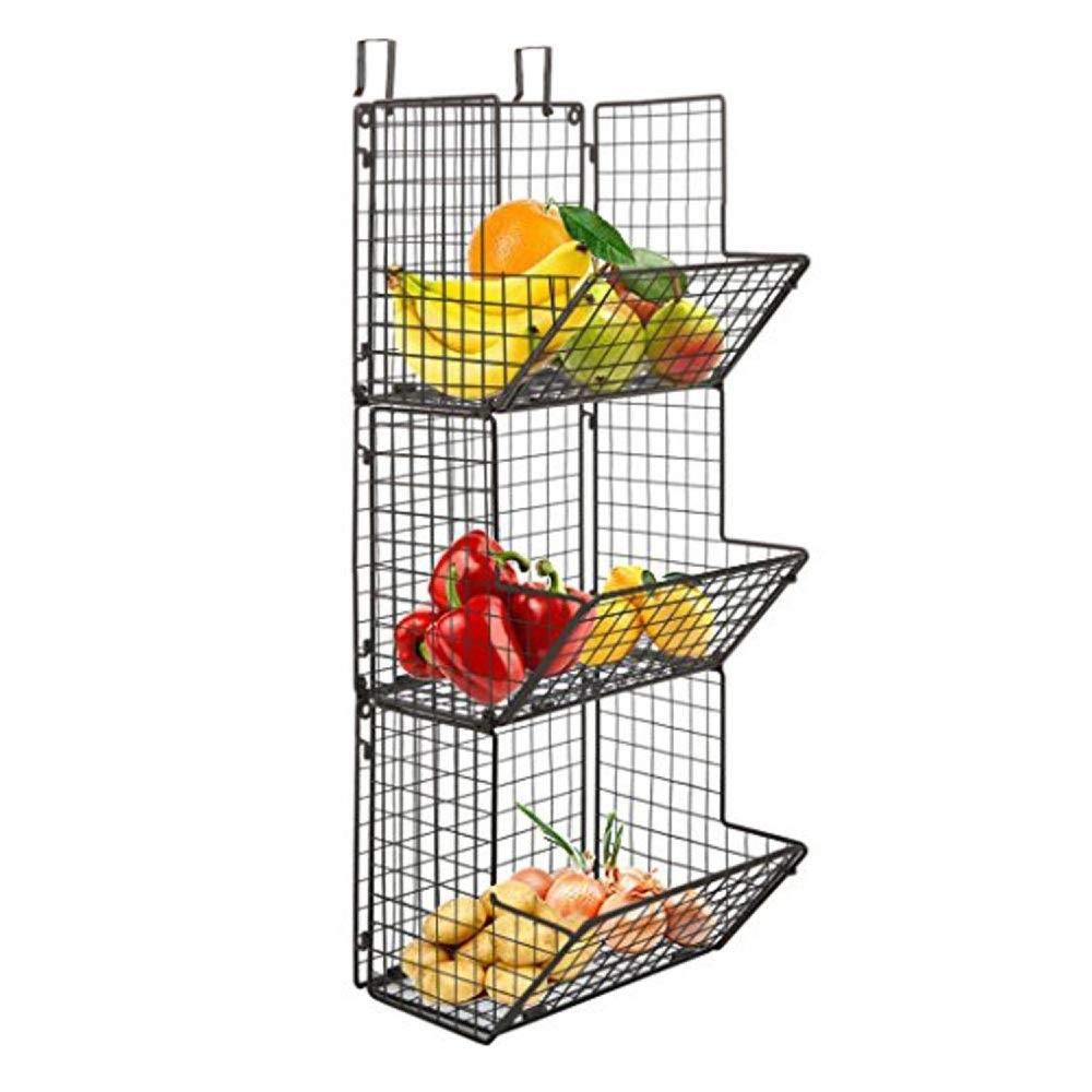 Rustic Metal Wire Hanging Fruit Basket - 3-Tier Wall Mounted Over The Door Organizer for Kitchen, Bathroom & Pantry - Perfect for Storing Fruits, Vegetables, Snacks & Towels - Space Saving Storage Solution for Small Homes & Apartments