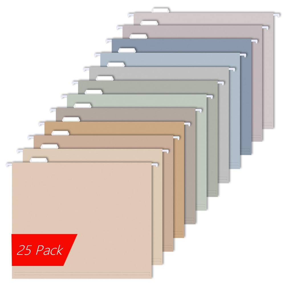 25-Piece Decorative Hanging File Folders Set - Letter Size with 1/5-Cut Adjustable Tabs - 12 Vibrant Colors Including Pink & Pastel - Durable for Filing Cabinets - Perfect for Office, School & Home Organization