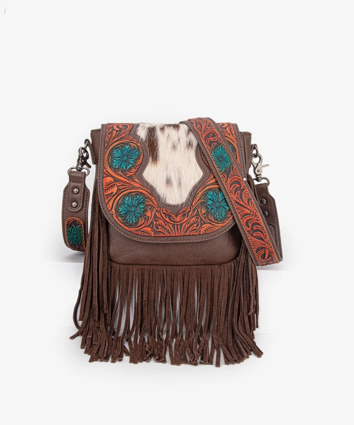 Genuine Hair-On Cowhide Crossbody Bag with Tooled Fringe - Trinity Ranch Western Style Purse for Women | Perfect for Rodeo, Country Concerts & Boho Fashion