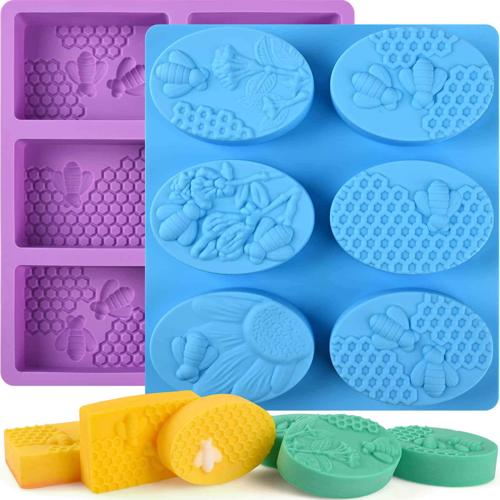 Sakolla 2 Pack 6 Cavity Bee Silicone Soap Molds - Rectangle Oval Honeycomb Design for DIY Soap Making, Wax Melts, Beeswax, Cake & Chocolate Baking - Perfect for Handmade Gifts, Party Favors and Home Crafting