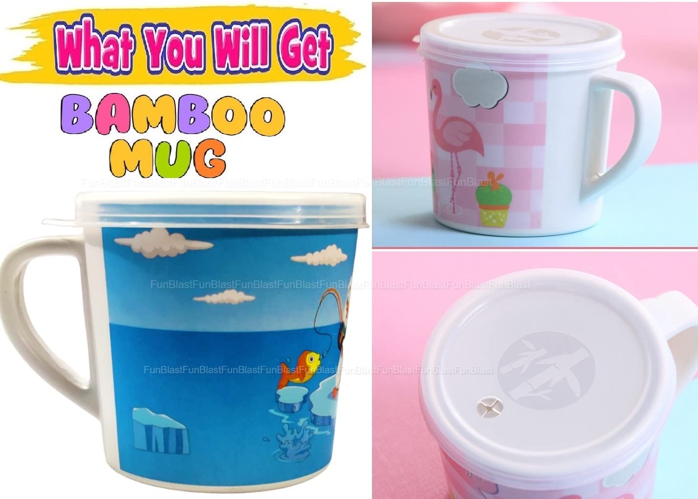 FunBlast Kids Milk Mug with Lid – BPA Free Cartoon Penguin Design Bamboo Fiber Cup for Toddlers & Children, 260ml Insulated Drinking Mug for Milk, Juice & Water – Perfect for Home, School & Travel