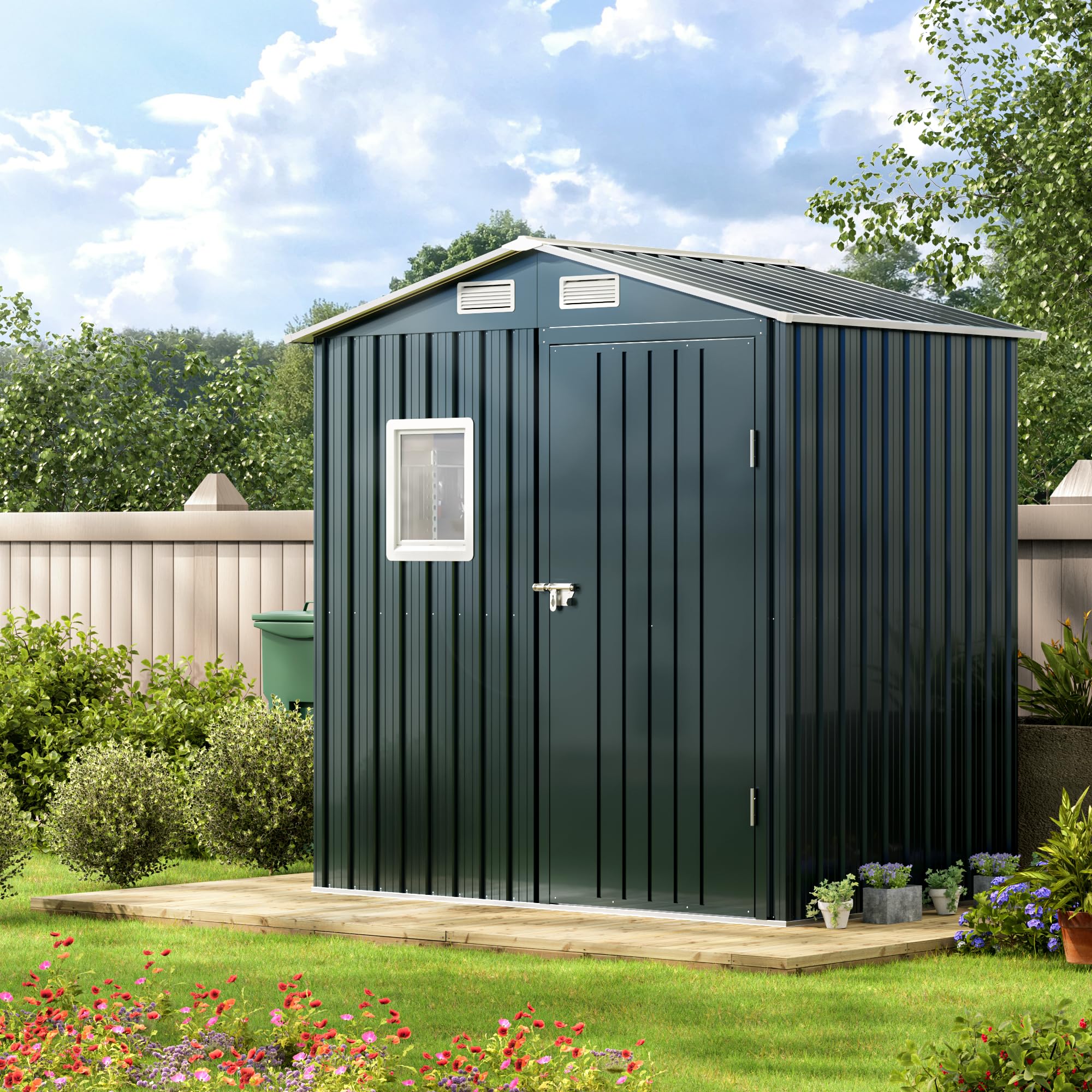6x4x6.5 FT Compact Vertical Outdoor Steel Storage Shed with Lockable Doors - Heavy Duty Garden, Backyard & Patio Utility Shed for Tool Storage, Bike Shelter, Trash Can Enclosure & Chicken Coop | Weather-Resistant & Secure Outdoor Organization Solution
