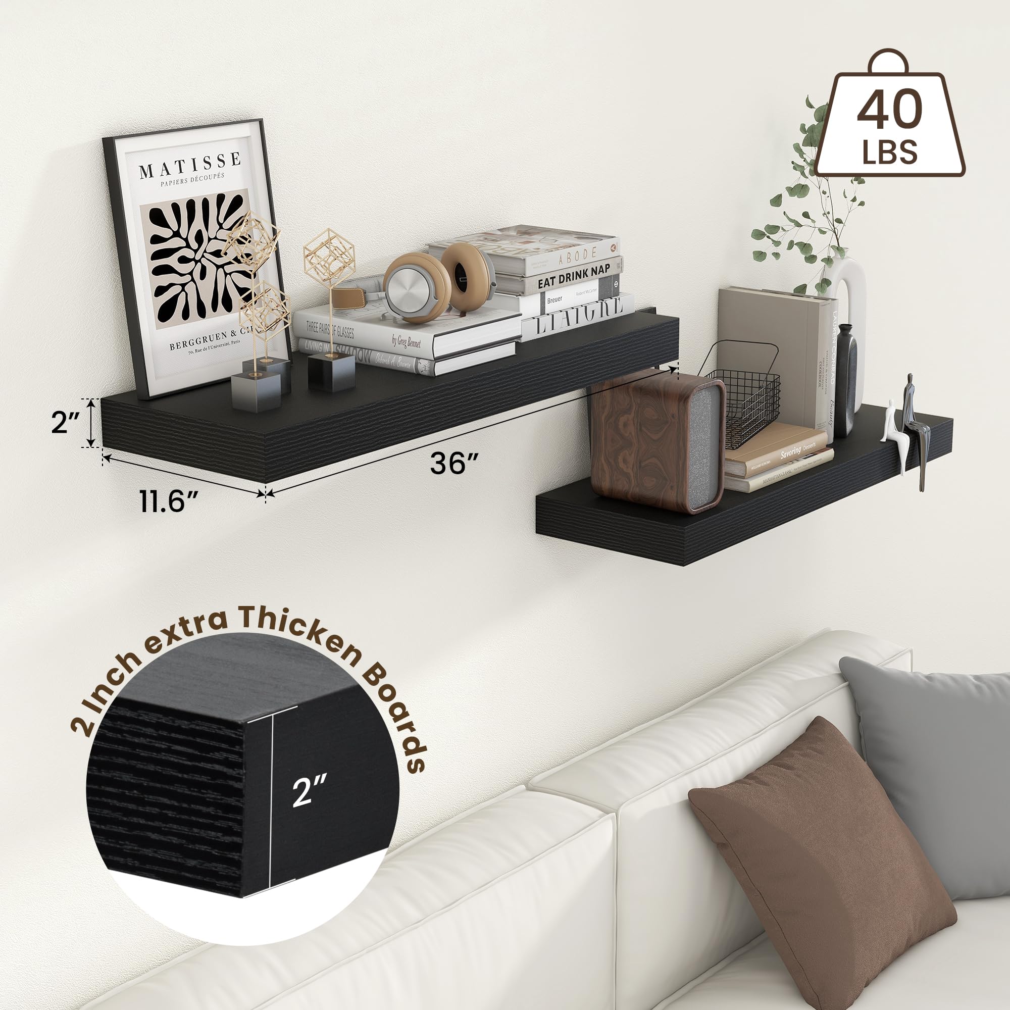12'' Deep Floating Shelves Set of 2 - 36 Inch Distressed Black Wood Wall Shelves for Living Room, Bathroom, Bedroom, Kitchen & Home Office - Perfect for Storage, Decor & Organization