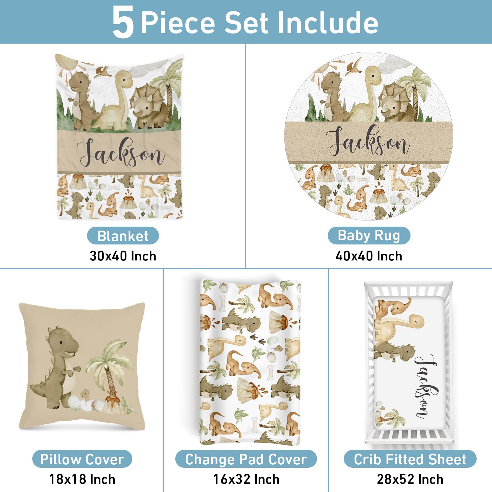 Personalized Neutral Dinosaur Baby Crib Bedding Set - 5 Piece Nursery Set with Fitted Crib Sheet, Toddler Blanket & Baby Area Rug for Boys & Girls | Perfect for Nursery Decor, Baby Shower Gifts & Newborn Essentials