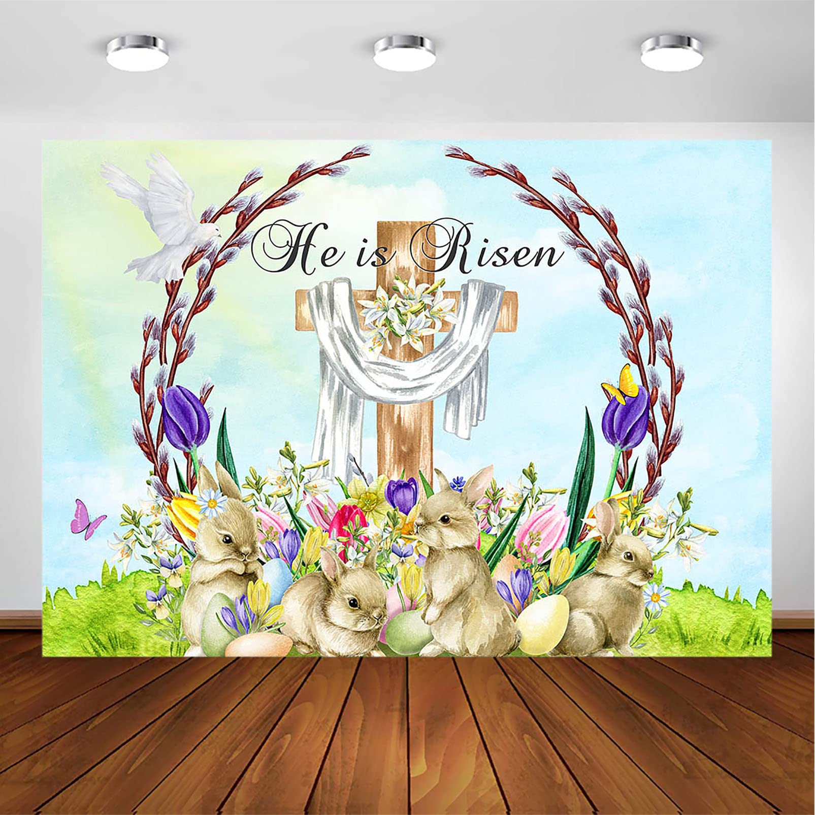 He is Risen Easter Backdrop - 8x6ft Religious Jesus Cross Photography Background for Easter Celebration, Church Events, Garden Party Decor & Spring Photo Shoots