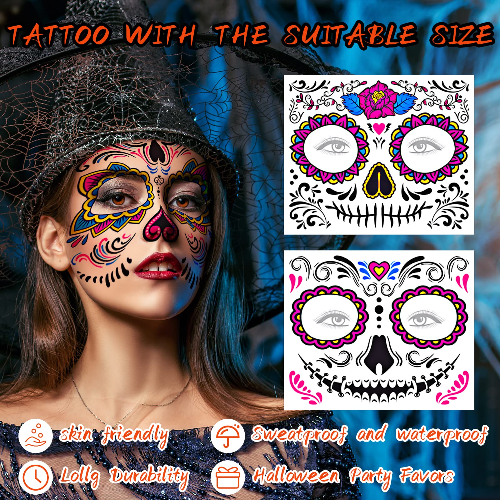 URAQT Halloween Temporary Tattoos for Adults - 12 Sheets Waterproof Zombie, Skull Face, Day of the Dead Makeup Stickers | Perfect for Halloween Parties, Costume Contests & Themed Events