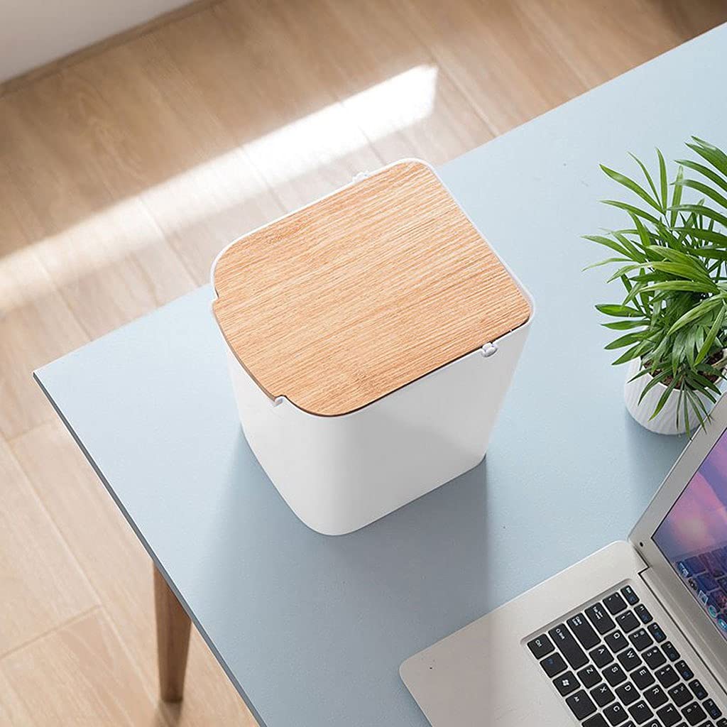 Creative Wooden Lid Trash Can for Kitchen & Bathroom - Flip Top Indoor Garbage Bin with Odor Control - White Household Waste Bin for Home, Office, Dorm Use