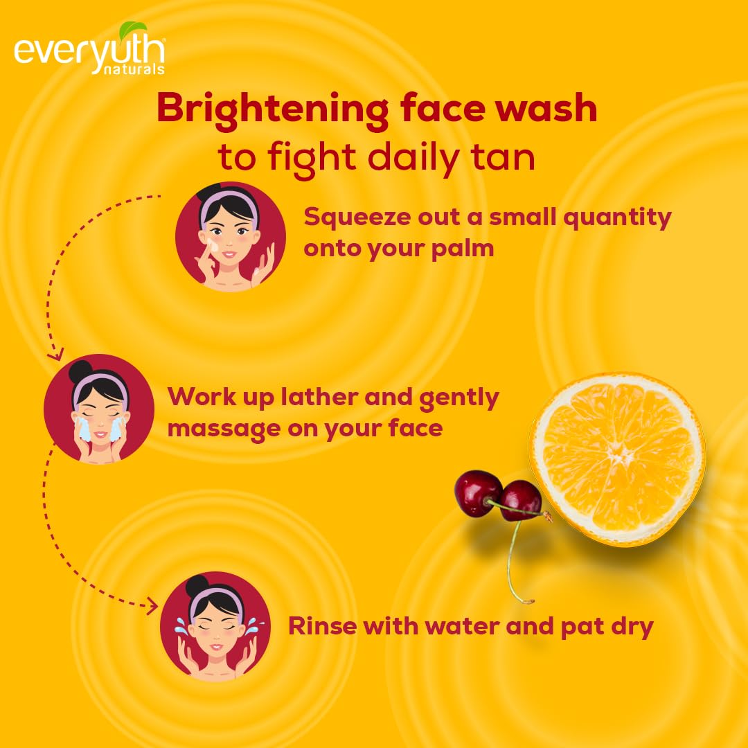 Everyuth Naturals Brightening Lemon & Cherry Face Wash for All Skin Types - Deep Cleansing, Oil Control & Tan Reduction, Removes Dirt & Oil, 100% Soap-Free & Paraben-Free (150g) - Perfect for Daily Skincare Routine & Glowing Skin
