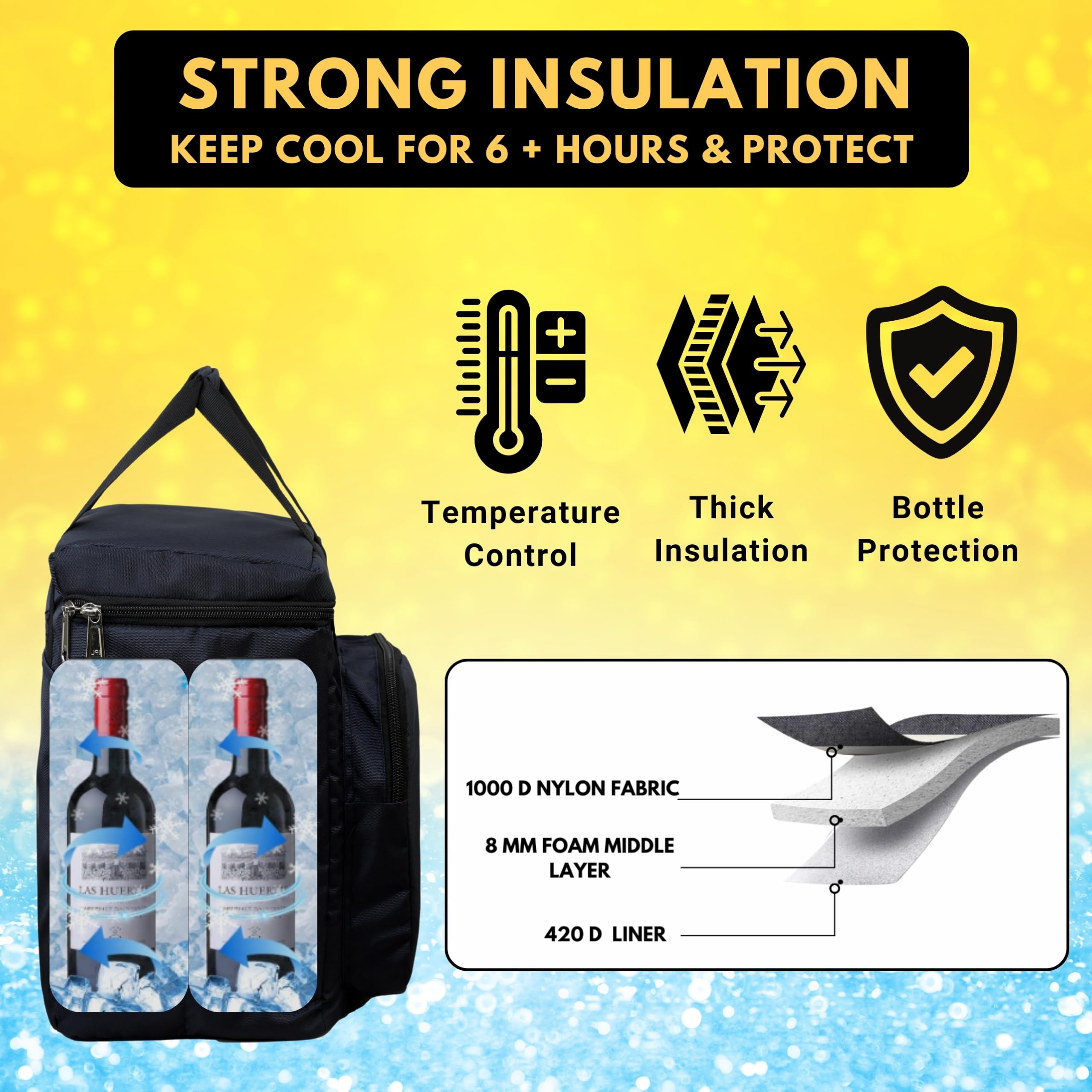 Outer Woods Insulated 6 Bottle Wine Cooler Bag with 6 Ice Gel Packs - Black | Portable Beer & Beverage Cooler for Picnics, Camping & Outdoor Parties | Fits 6 Full Size Bottles