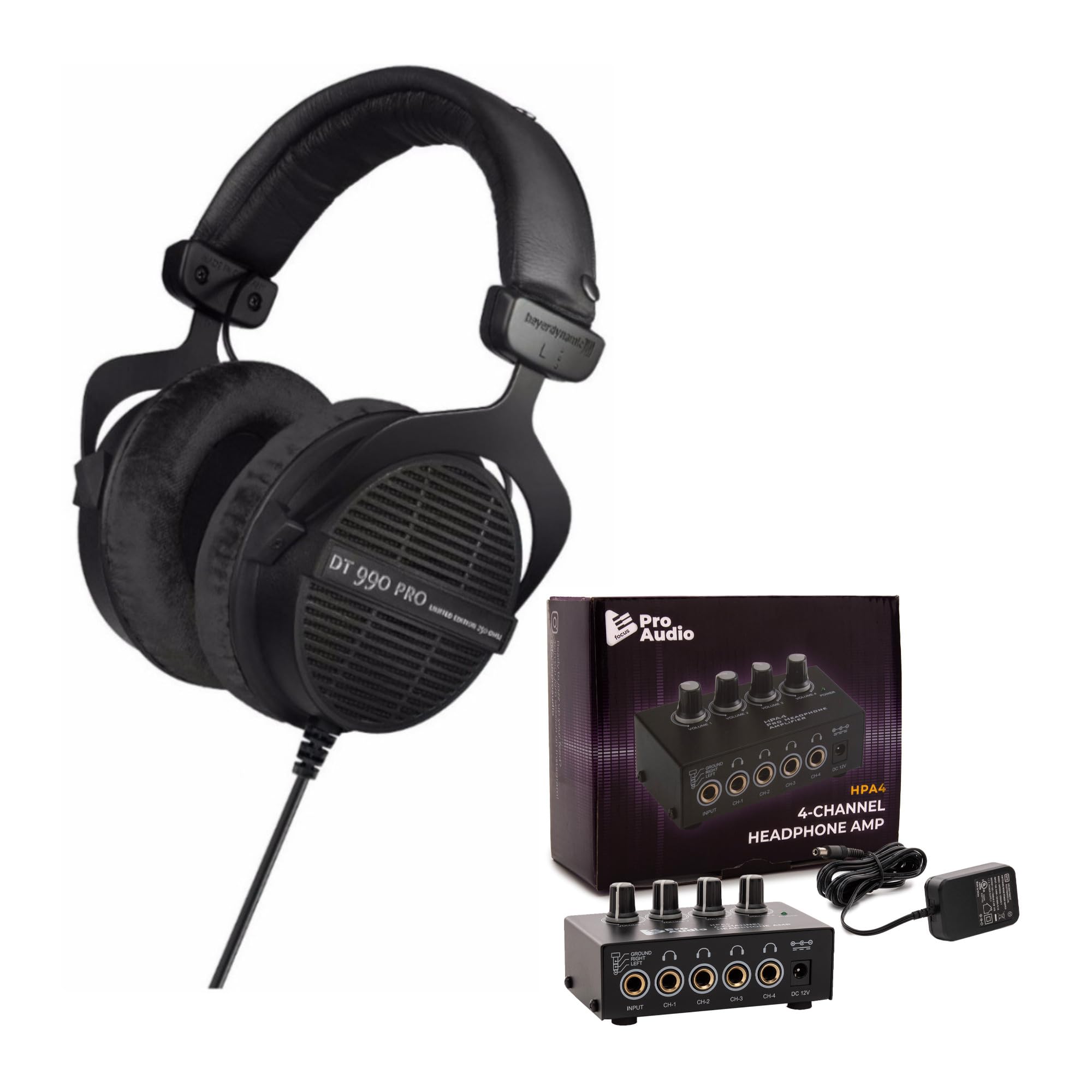 Beyerdynamic DT 990 PRO 250 Ohm Studio Headphones - Premium Over-Ear Headphones for Music Production, Gaming & Audio Mixing (Limited Edition Ninja Black) with 4-Channel Headphone Amplifier Bundle - Perfect for Home Studio, Podcasting & Professional Audio Work