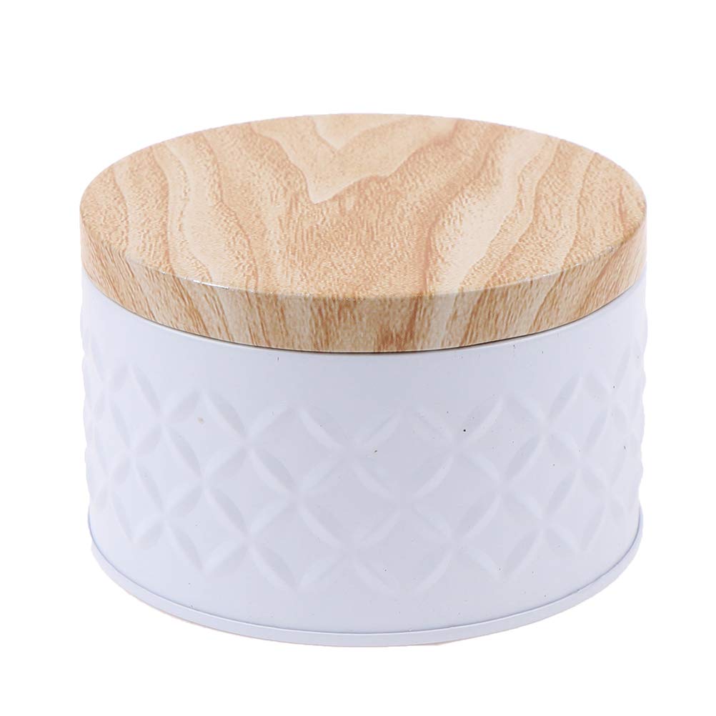Round Empty Iron Box with Wood Grain Lid - Candy Storage, DIY Candle Making Jar, Jewelry & Cosmetic Organizer - Tablecloth & Cookie Storage Box - Premium Solid Color Tinplate Container (White) - Perfect for Home Organization, Gift Wrapping & Craft Projects
