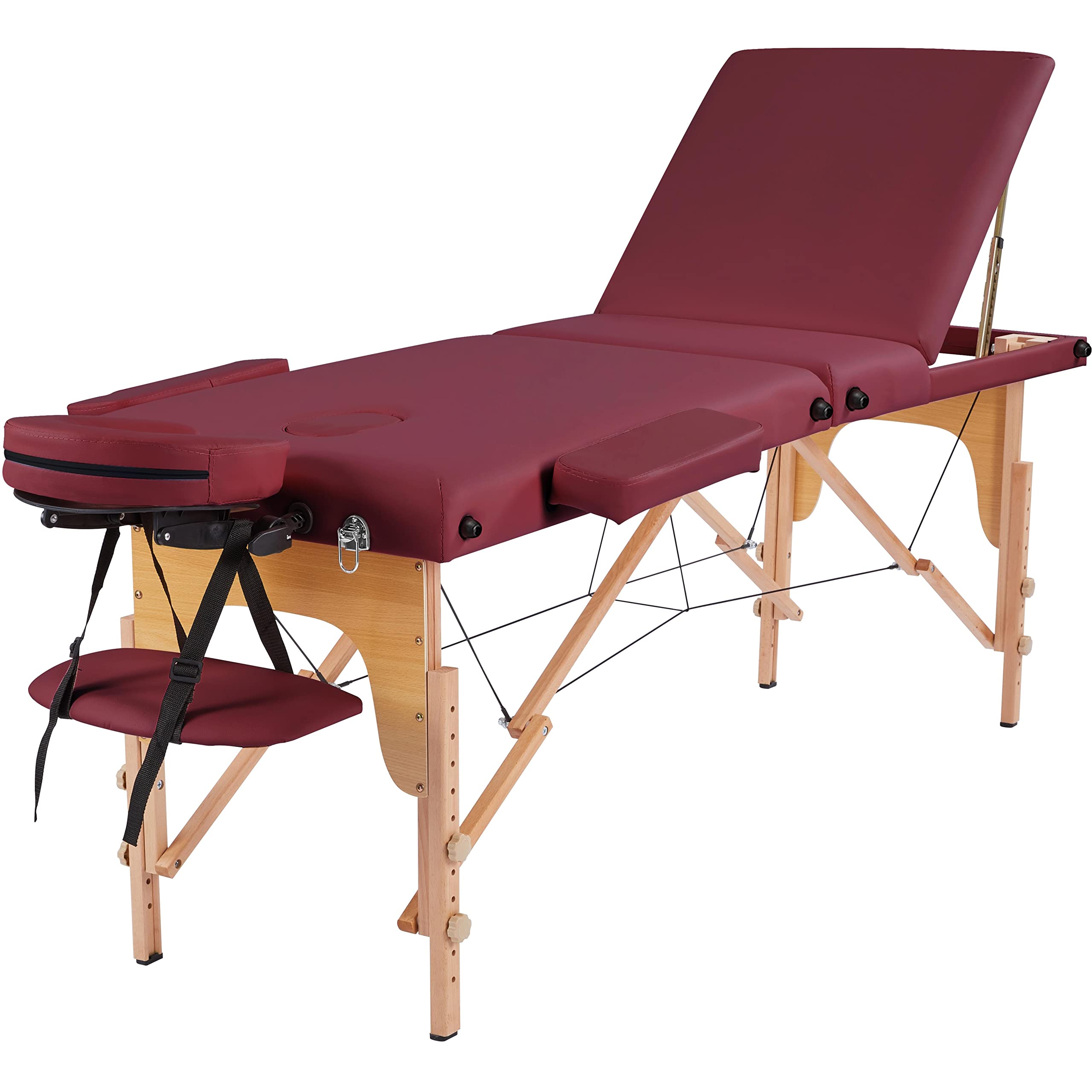 Yaheetech Portable Folding Massage Table - 60cm Wide 3-Section Spa Beauty Bed for Tattoo, Therapy & Relaxation - Lightweight Wooden Frame with Burgundy PU Leather - Perfect for Home, Salon & Professional Use