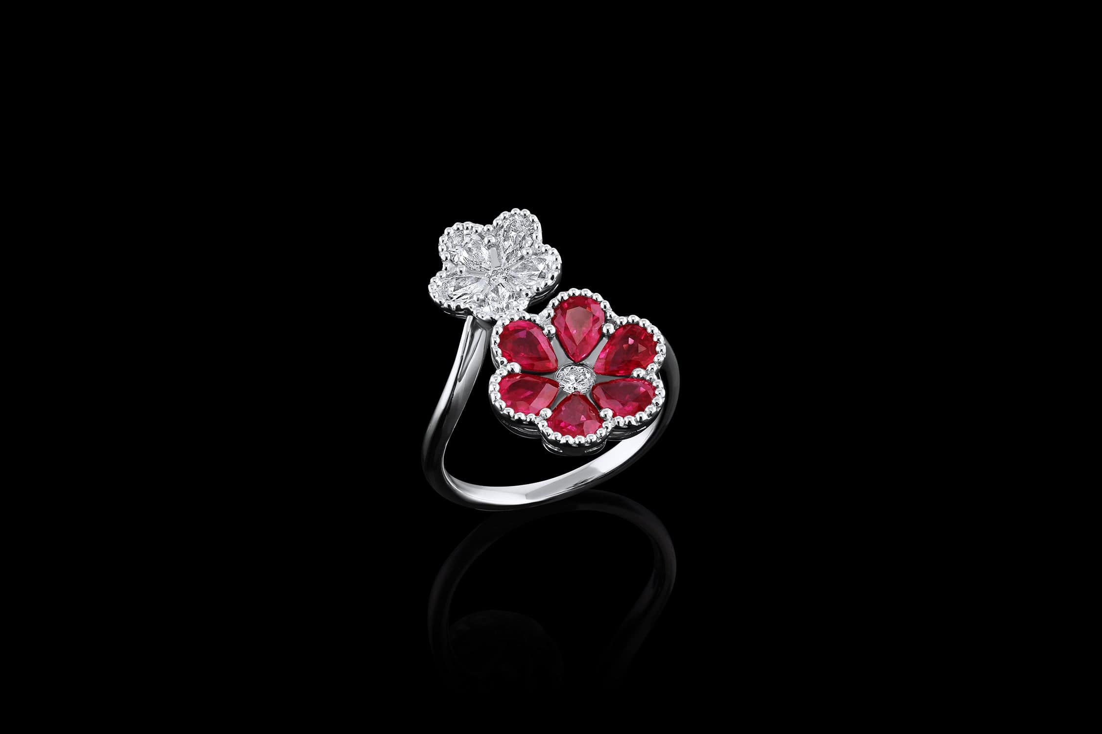 18K White Gold 2.10ctw Ruby and Diamond Flower Bypass Ring for Women - Elegant Floral Engagement, Wedding, Anniversary Jewelry Gift - Perfect for Romantic Occasions & Special Celebrations