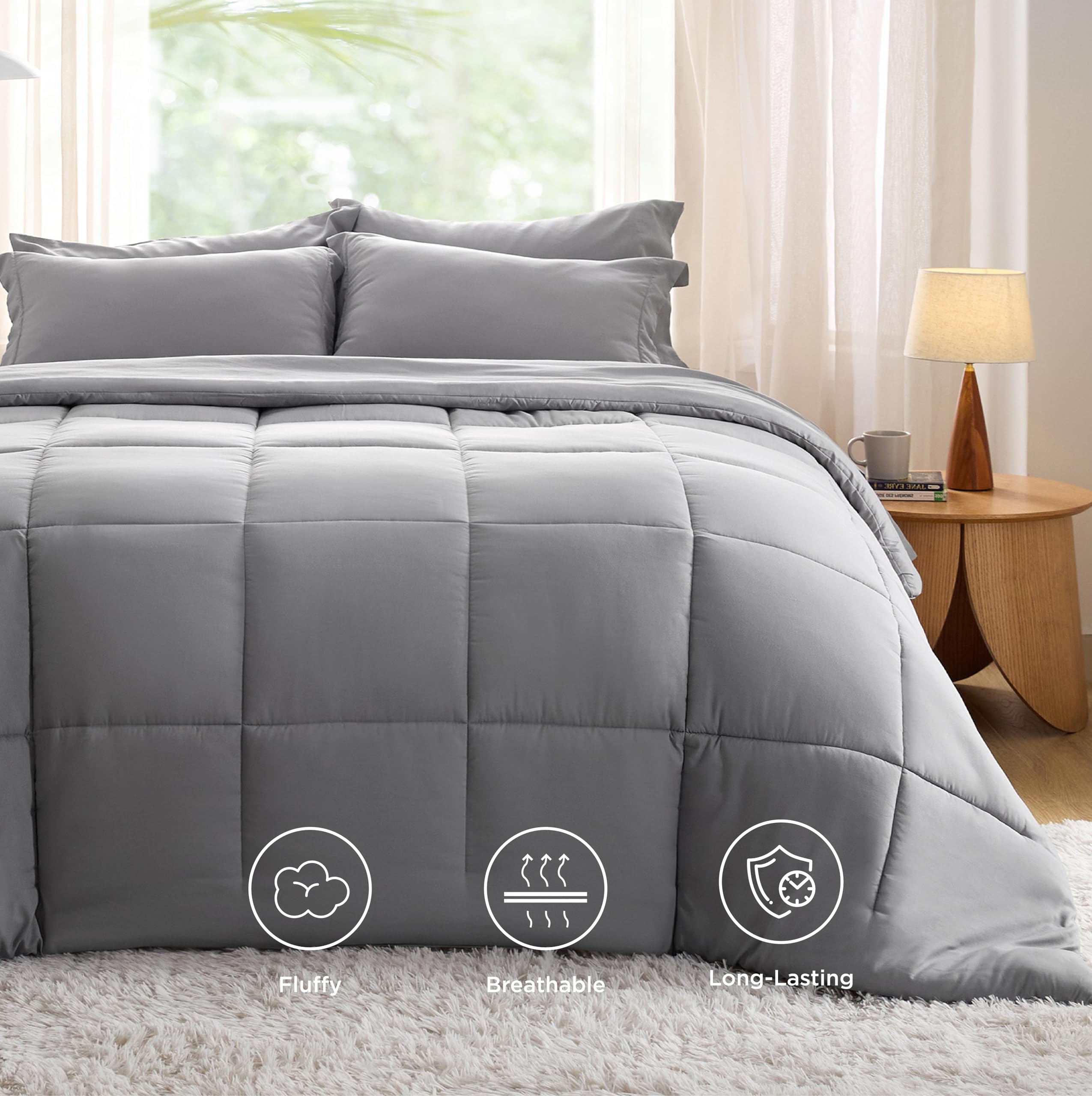 Bedsure Grey 7-Piece Queen Comforter Set - Soft Solid Bed in a Bag Includes Comforter, Sheets, Pillowcases & Shams | Perfect for Cozy Bedroom Decor & Guest Room Essentials