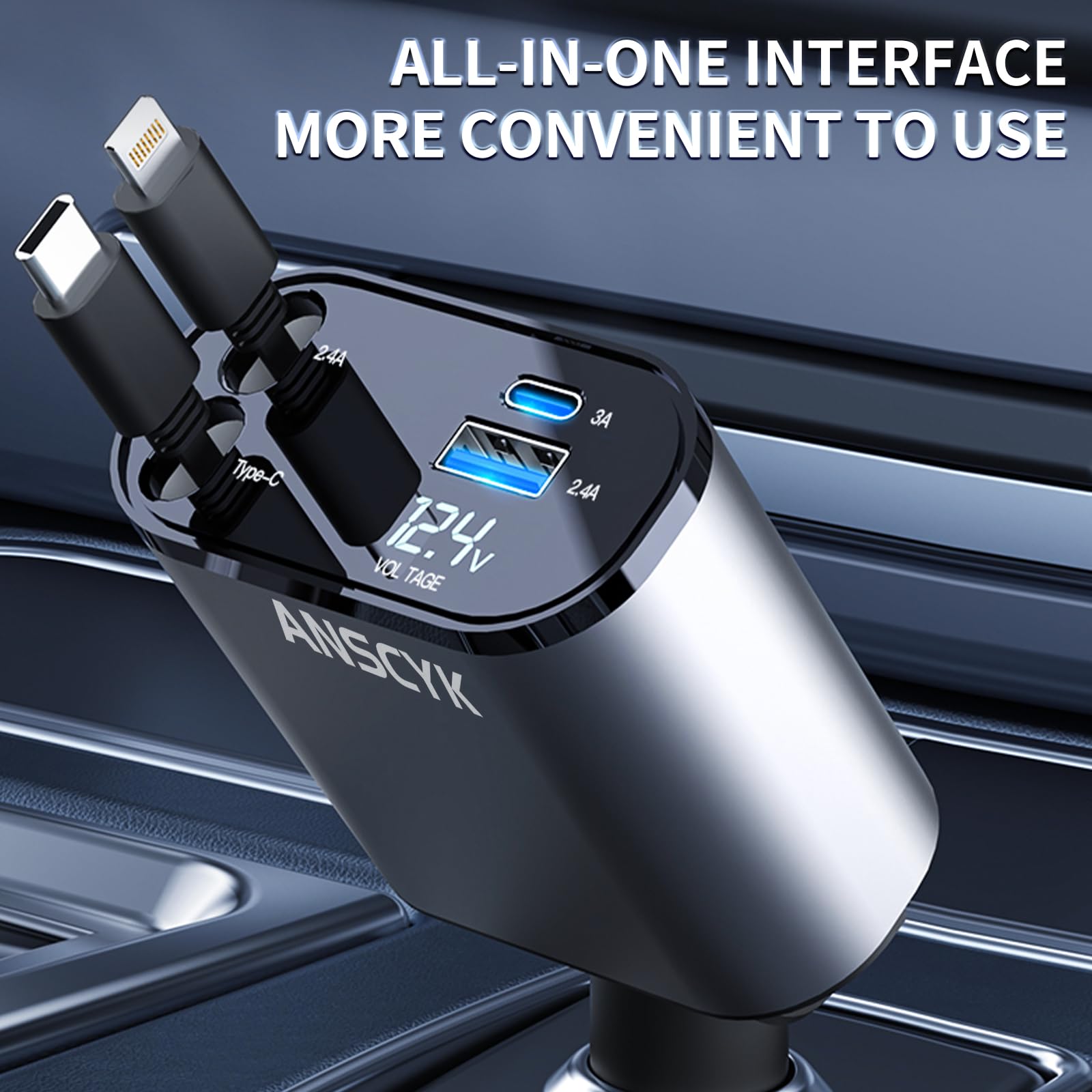 ANSCYK 60W 4-in-1 Retractable Car Charger with 2 Cables - Fast Charging for iPhone 16/15/14/13/12/11, Samsung Galaxy, Google Pixel - Perfect Car Accessory for Road Trips & Daily Commute