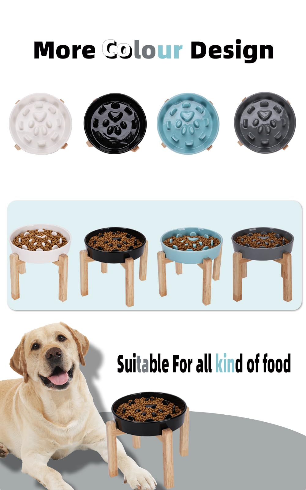 Ceramic Slow Feeder Dog Bowl with Wooden Stand - Fun & Interactive Mealtime Solution for Small & Medium Breeds (Black) | Reduce Bloat & Improve Digestion for Puppies & Adult Dogs | Perfect for Fast Eaters & Training