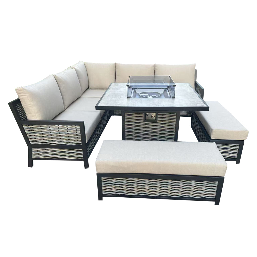 Luxury Beige Rattan L-Shaped Patio Set with Square Fire Pit Table - Outdoor Furniture for Garden, Backyard & Poolside Relaxation
