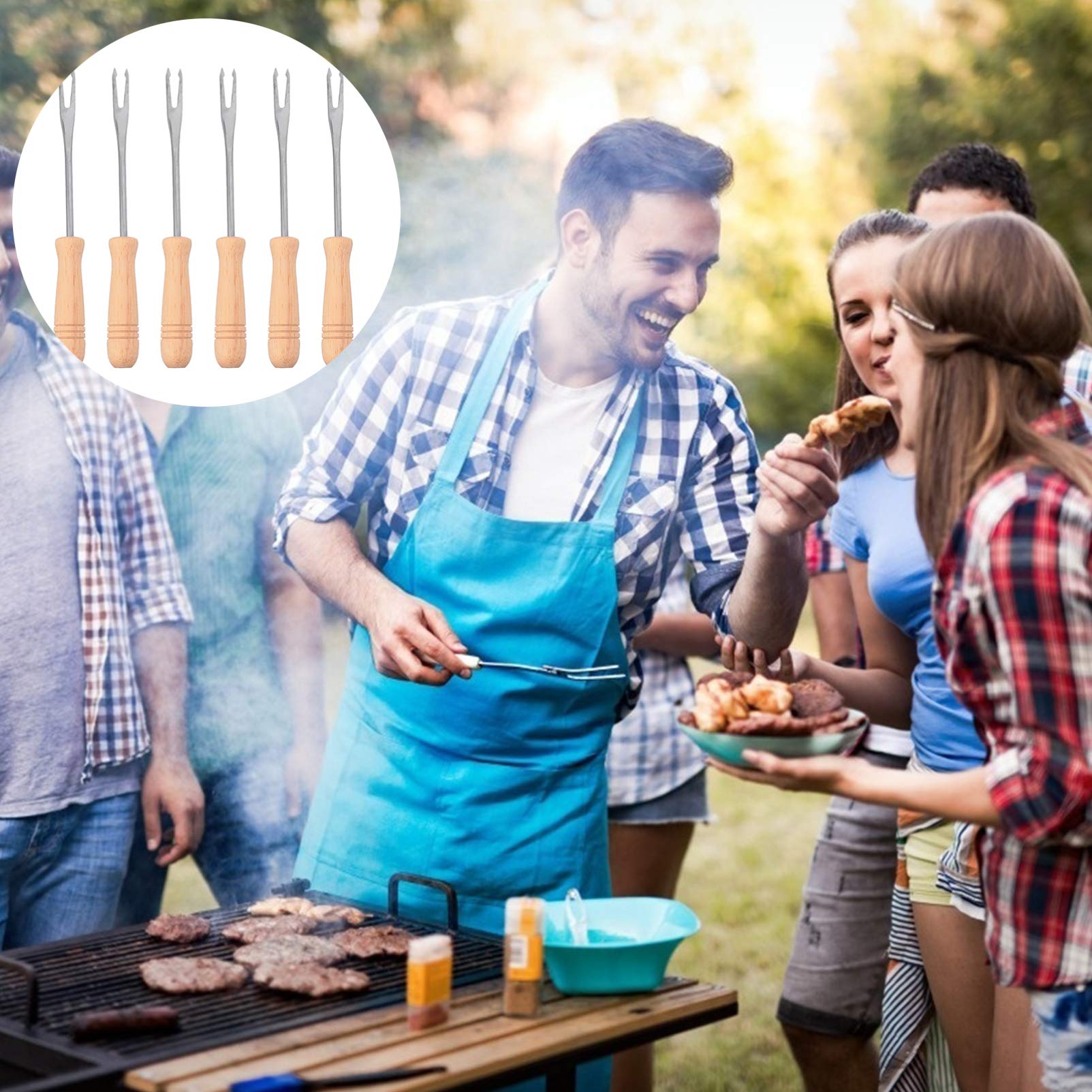 Hemoton 6-Piece Stainless Steel Corn Forks Set with Wooden Handle - Perfect for Cheese Fondue, BBQ Skewers, Hot Pot, Marshmallow Roasting & Grilling - Ideal for Picnics, Camping & Outdoor Dining