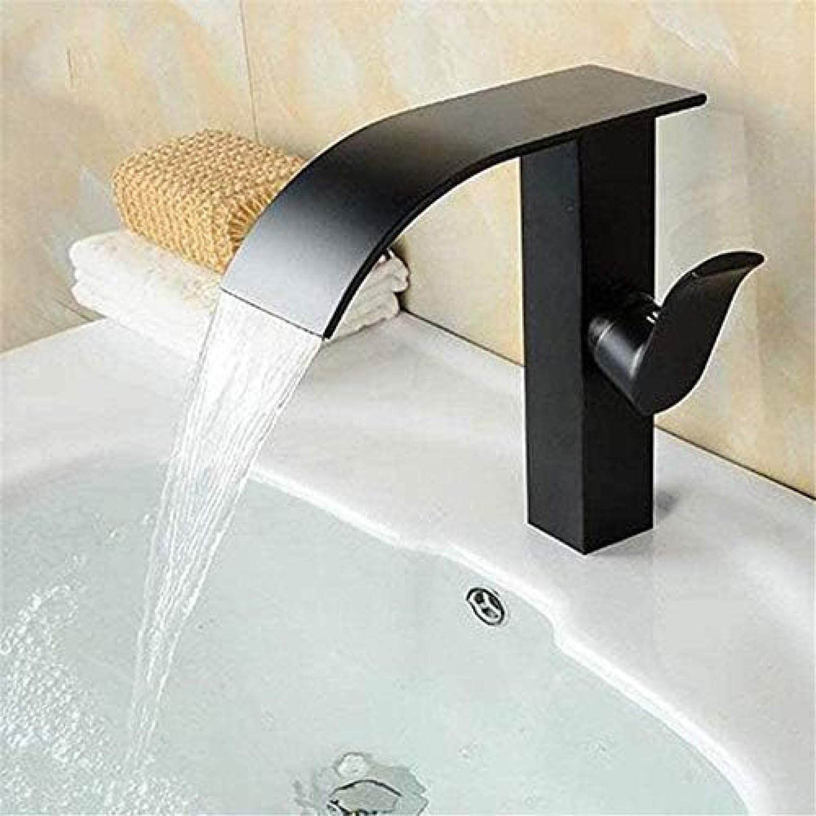 CRJUS Black Brass Waterfall Bathroom Sink Faucet - Single Handle Square Basin Mixer Tap with Hot & Cold Water - Perfect for Modern Vanity, Lavatory, and Deck Mount Installation