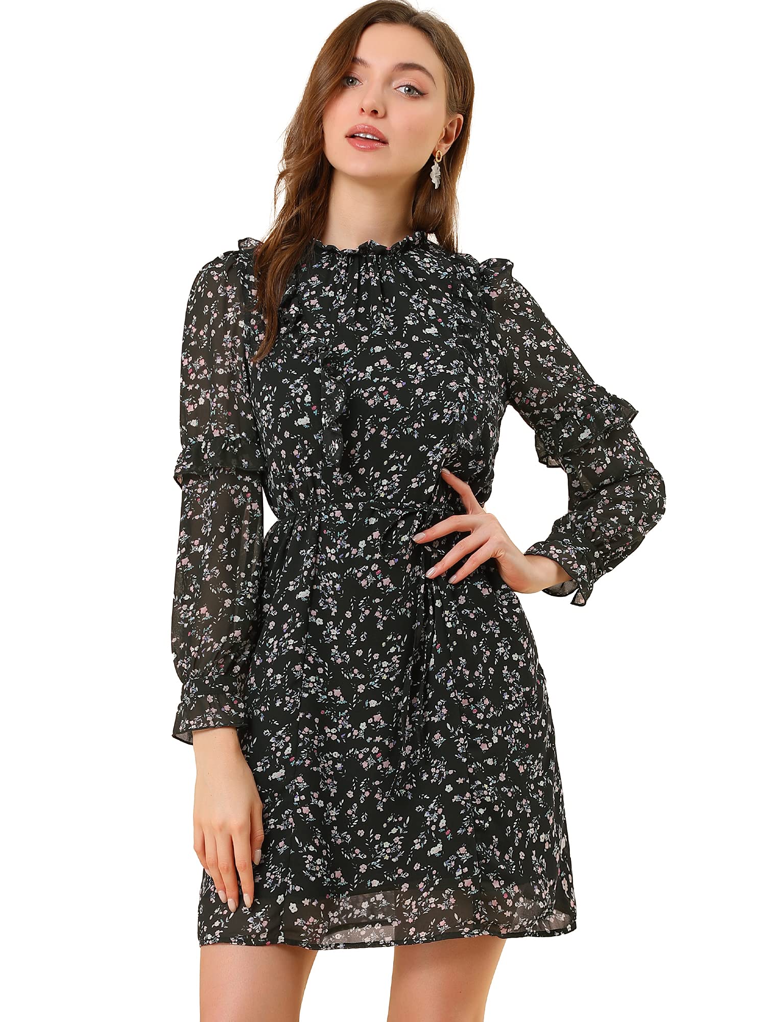 Allegra K Women's Floral Print Chiffon Dress with Mock Neck, Tie Waist & Ruffle Details - Elegant Shift Dress for Spring Summer, Wedding Guest, Cocktail Party & Office Wear
