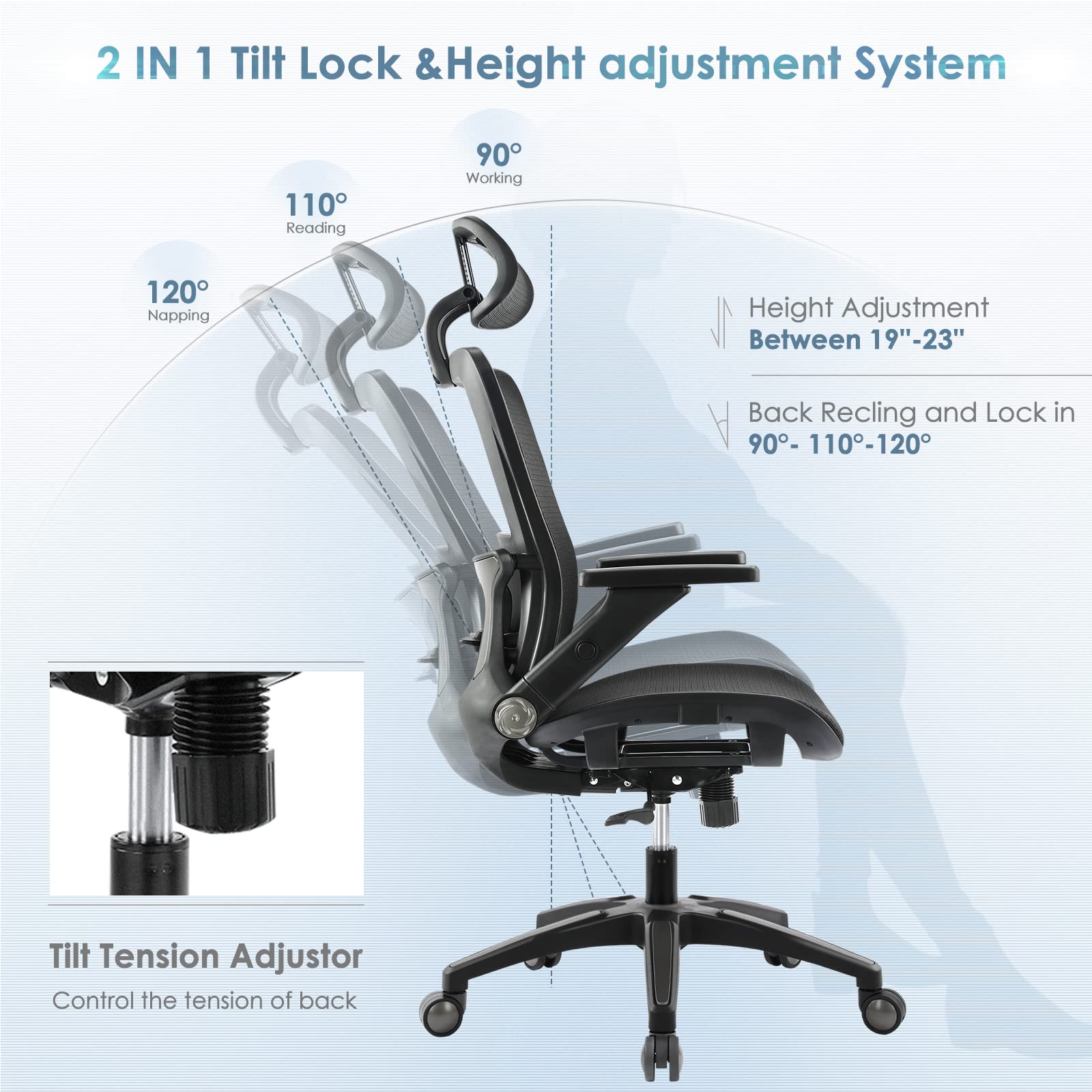 Ergonomic Mesh Office Chair with High Back, Headrest & 4D Flip-Up Armrests - Adjustable Tilt Lock & Lumbar Support - Grey - Perfect for Home Office, Gaming & Computer Workstations