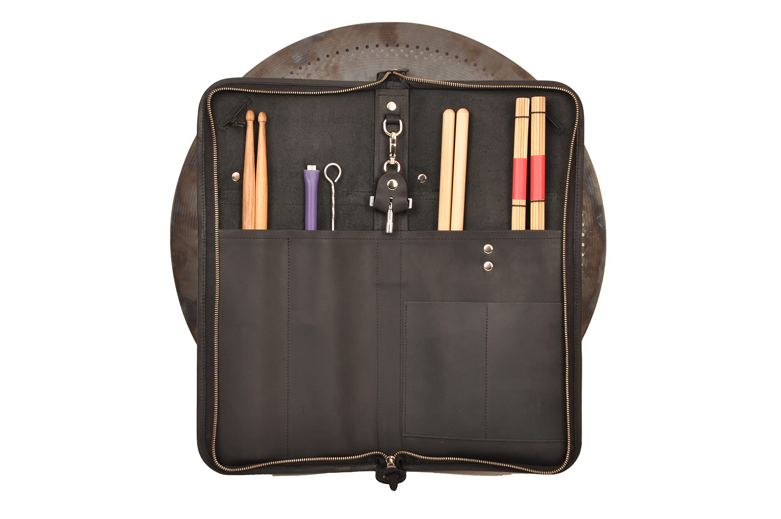 Handmade Genuine Leather Drumstick Bag with Drum Key Holder - Large Black Drum Stick Case for Drummers, Perfect for Gig, Practice & Travel