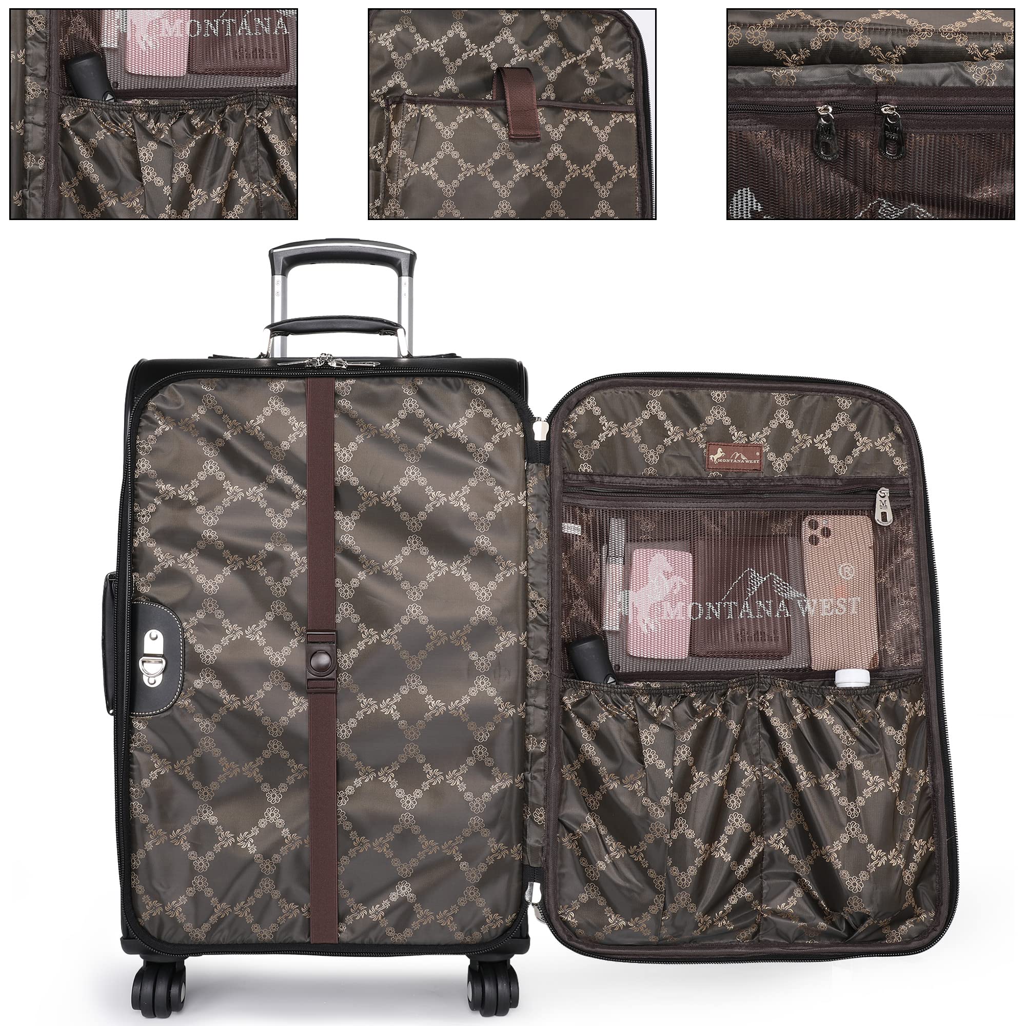 Montana West Western Tooled 3-Piece Luggage Set - Vegan Leather Embossed Suitcase with Spinner Wheels, Carry-On & Duffle Bag for Travel (Black) - Perfect for Business Trips, Vacations & Airplane Carry-Ons