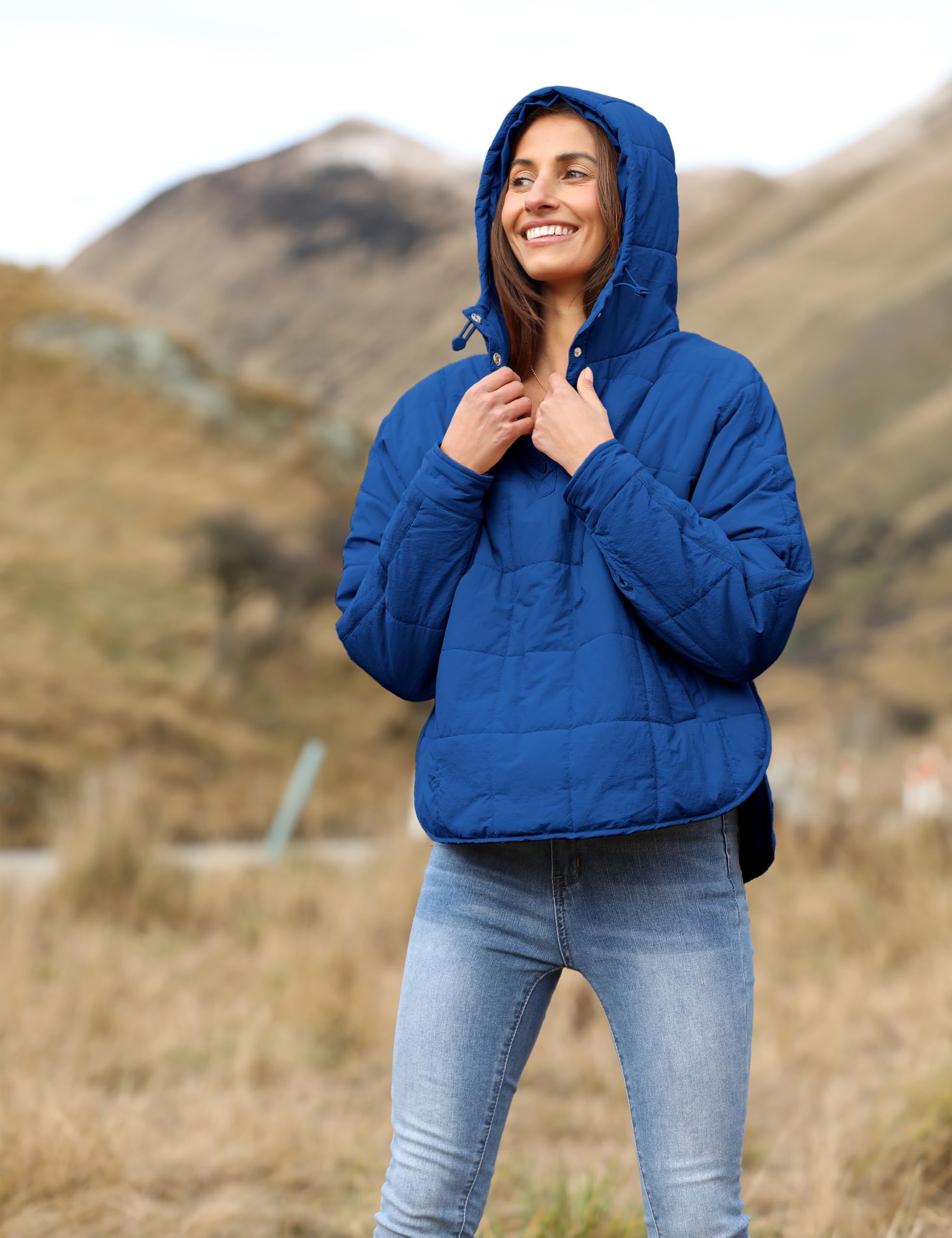Women's Oversized Hooded Puffer Jacket - Lightweight Quilted Winter Coat for Warmth - Blue Pullover Sweatshirt (Size L) - Perfect for Cold Weather & Outdoor Activities