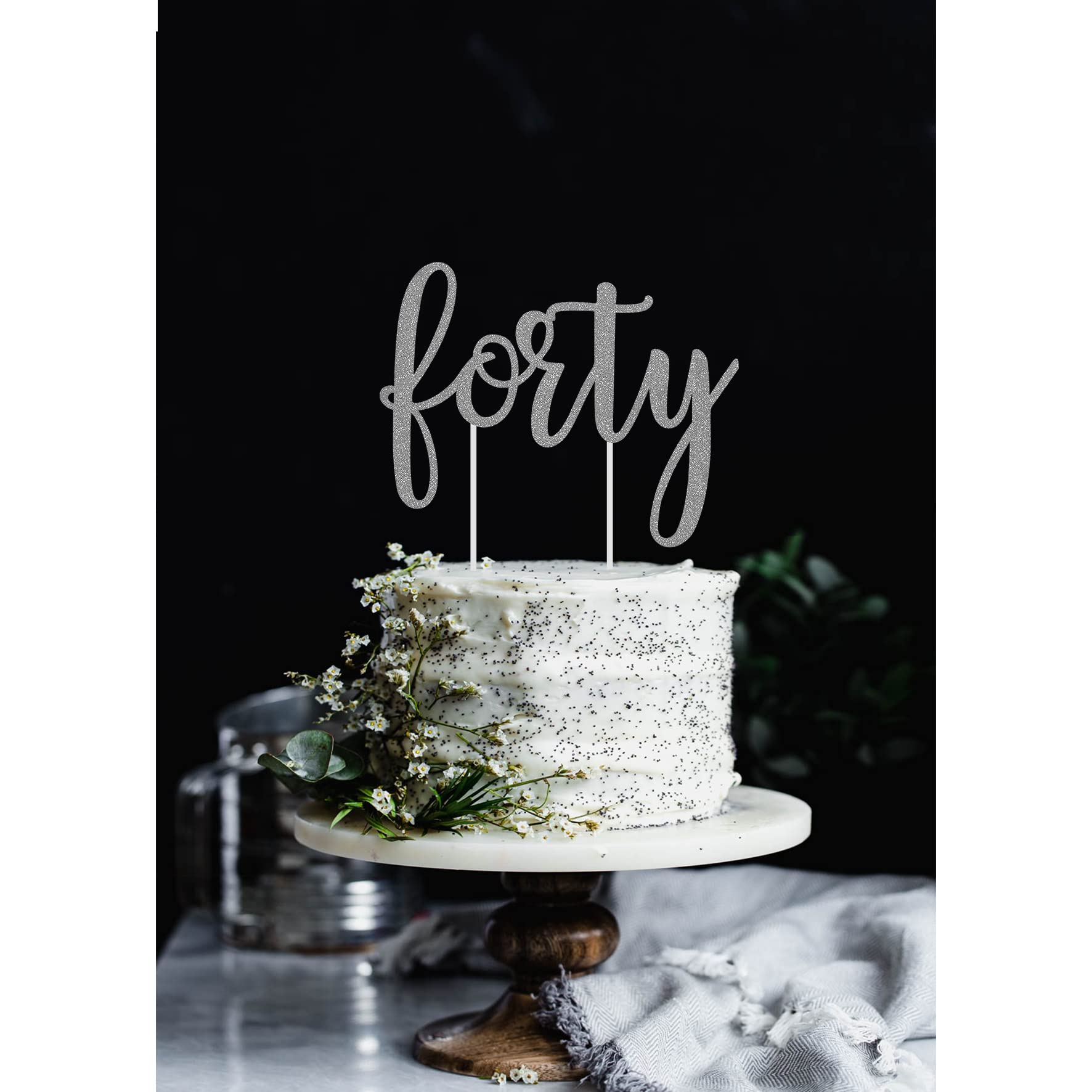 40th Birthday Cake Topper - Silver Glitter 'Forty' Cake Decor for Anniversary & Birthday Party (6 Inch) - Perfect for Milestone Celebrations, Cake Decorating, and Special Occasion Party Supplies