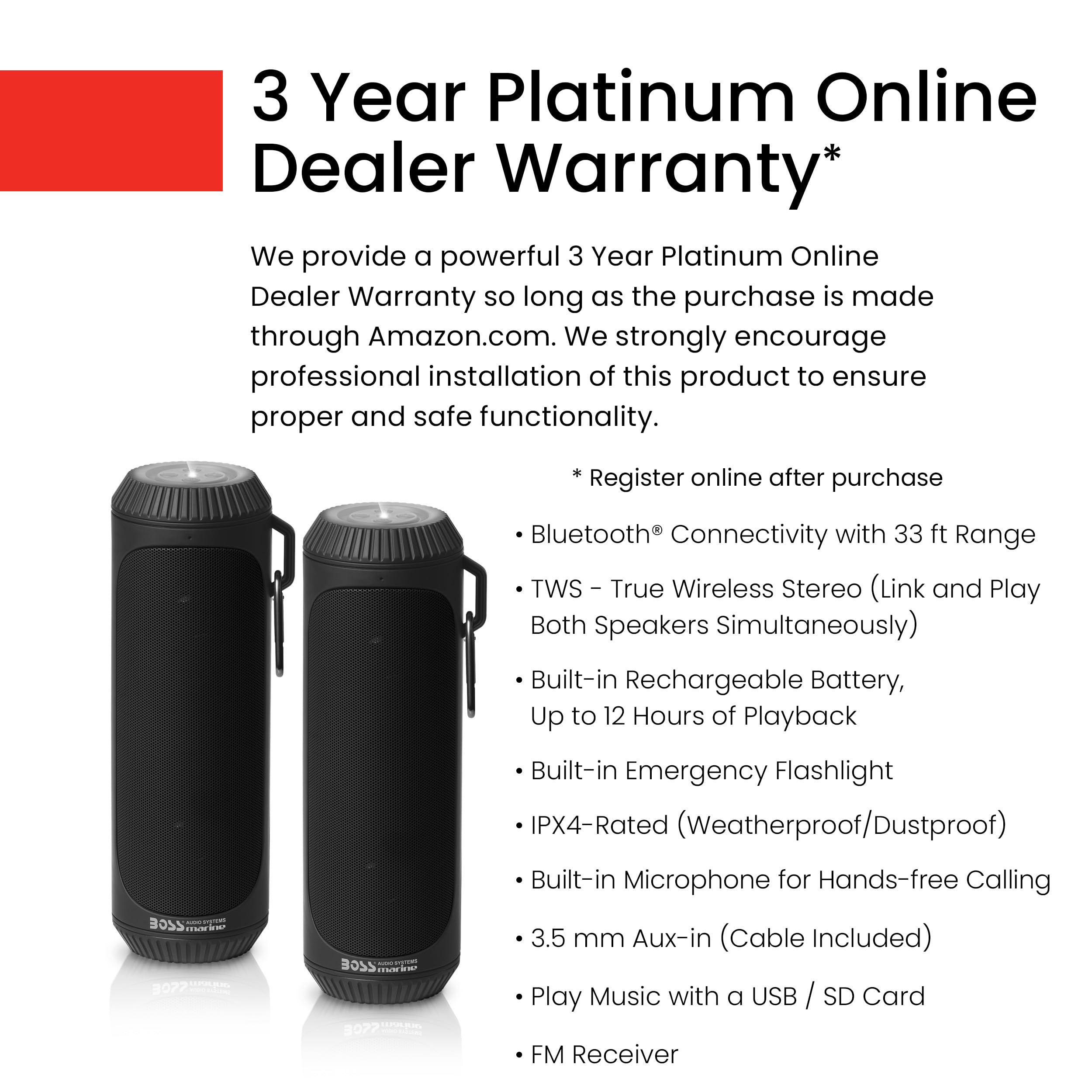 Boss BOLTBLK Wireless Bluetooth Speaker - Portable Waterproof Speaker with Powerful Bass, Black (Pair) - Perfect for Outdoor Adventures, Beach Parties & Home Entertainment