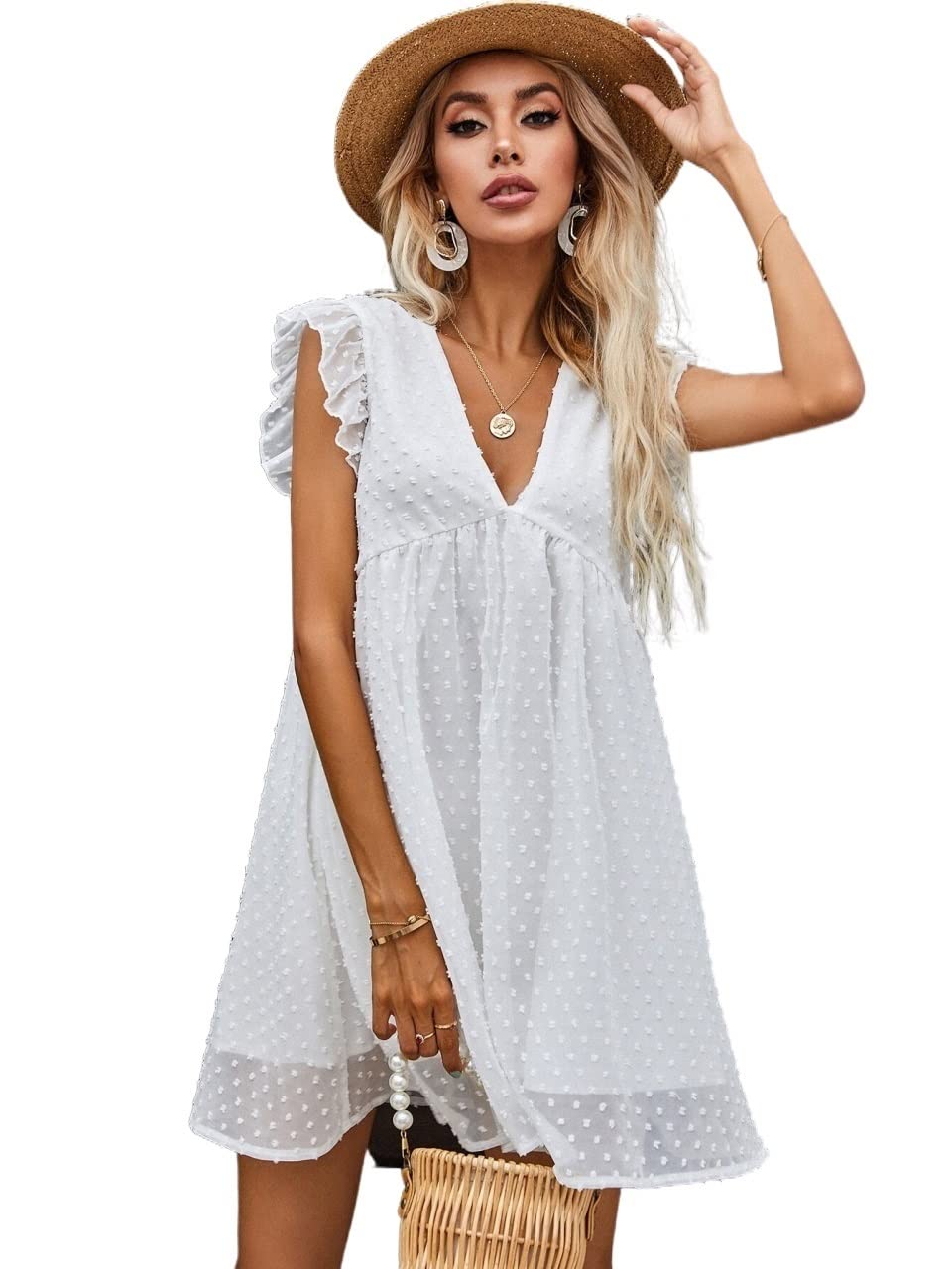 IFAJOR Women's Swiss Dot Butterfly Sleeve Smock Dress - Flowy Casual Summer Dress in White (Medium) | Perfect for Beach Outings, Picnics & Brunch Dates