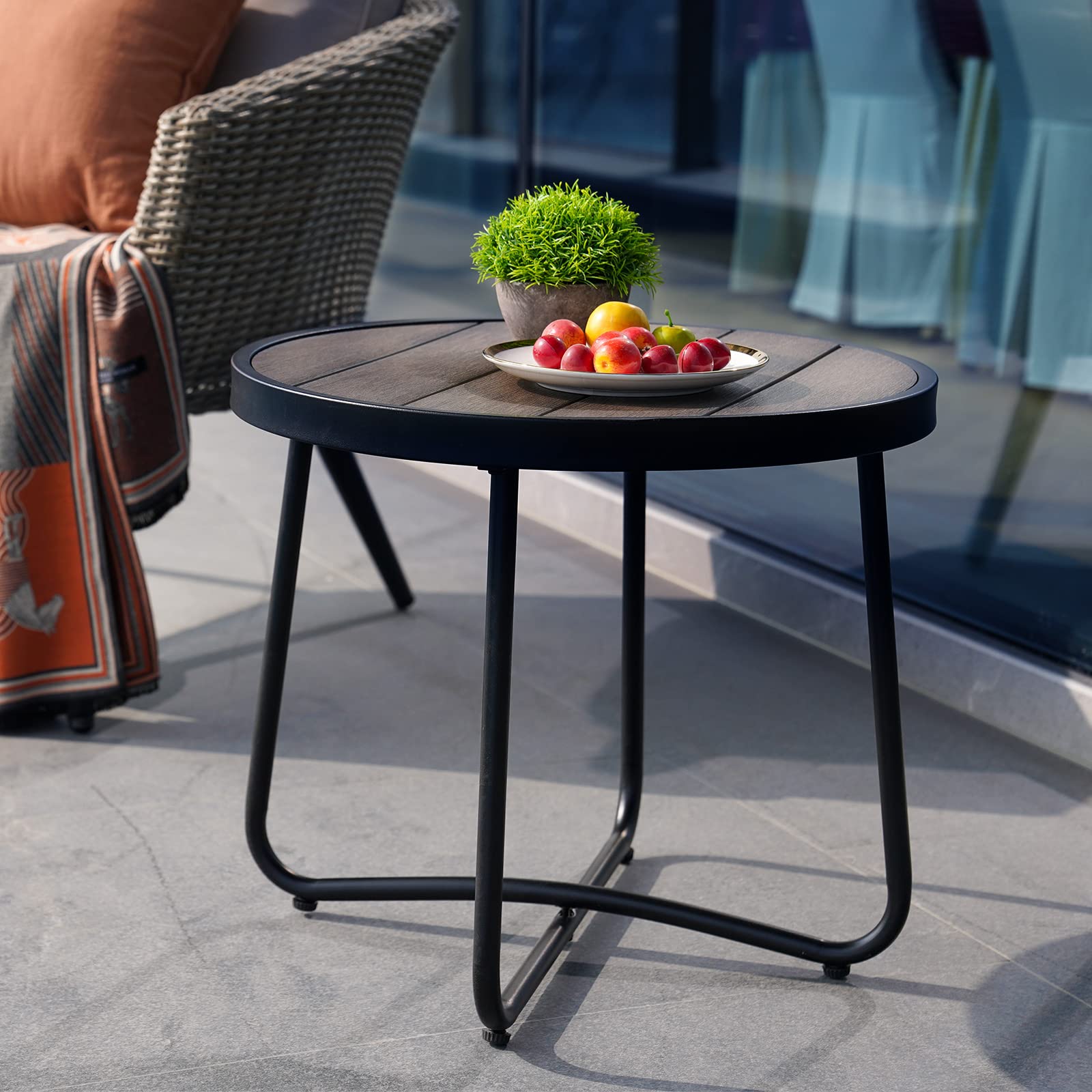 Outdoor Round Side Table with Imitation Wood Tabletop - Dark Grey Patio End Table for Garden, Deck, and Poolside Relaxation