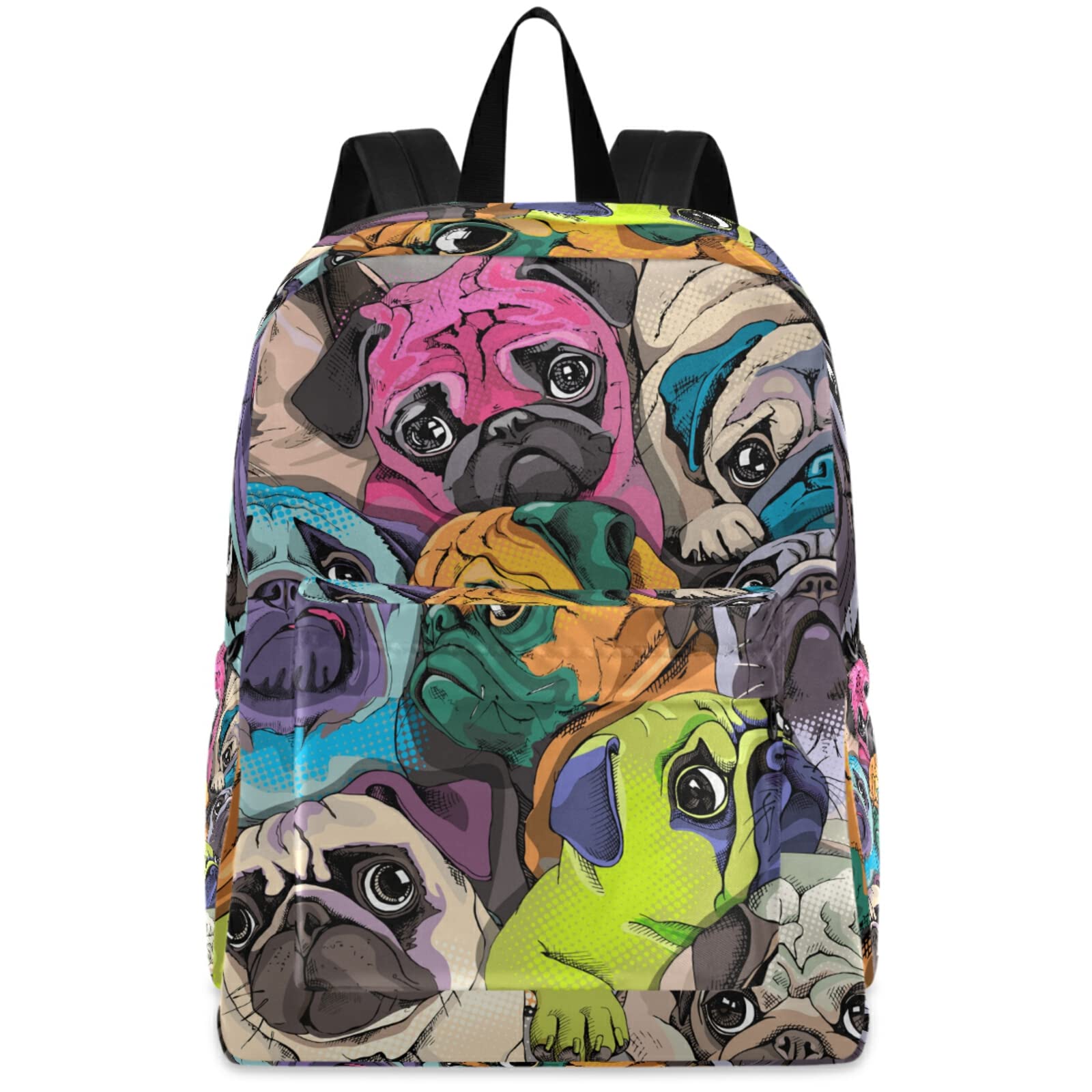 Fustylead Colorful Pugs Large Backpack for Kids - Durable School Bag for Boys & Girls with Multiple Pockets, Fits Laptop, iPad & Tablet - Perfect for Travel, School & Daily Use