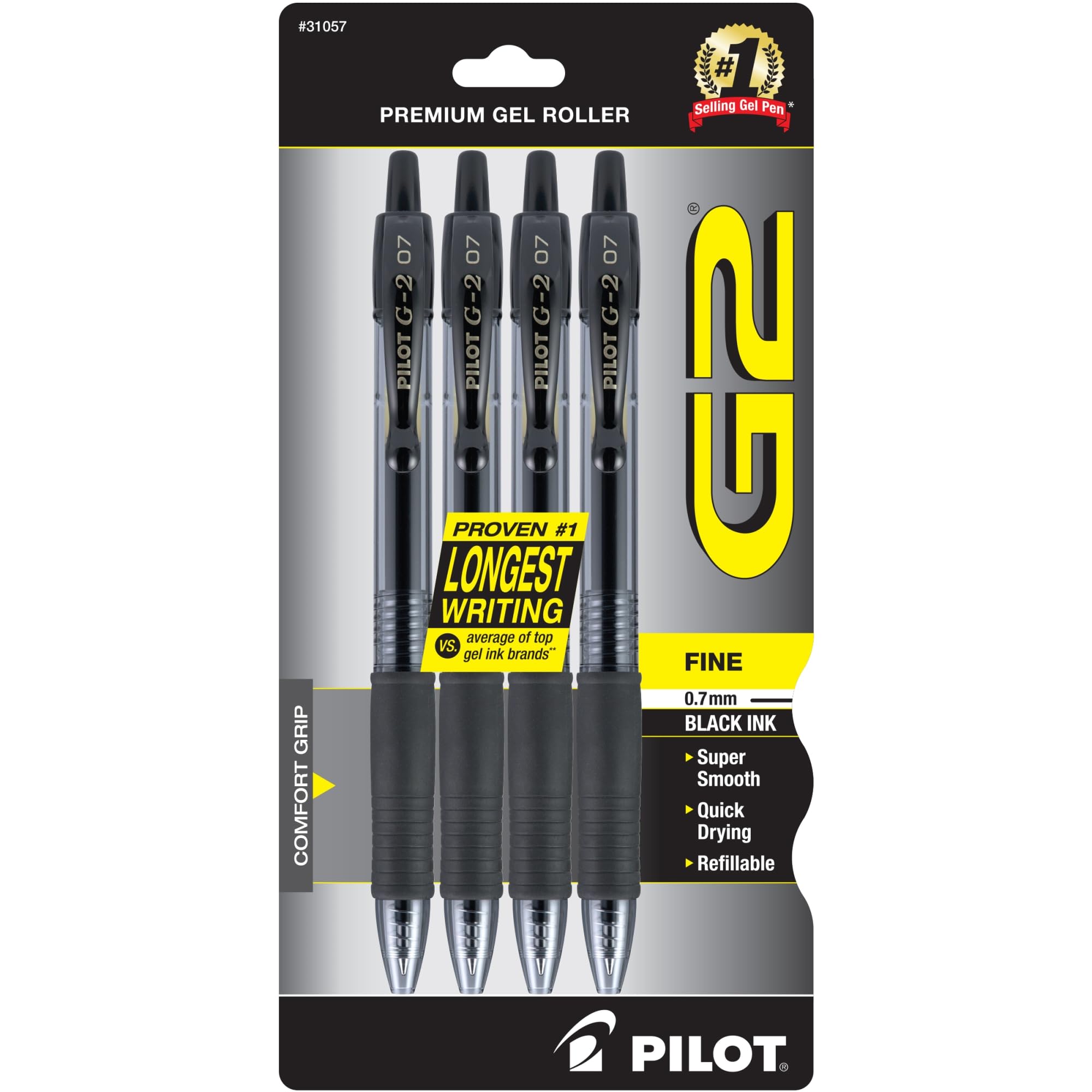 Pilot G2 Premium Gel Roller Pens - 0.7mm Fine Point Black Ink, 4-Pack - Smooth Writing for Office, School & Note Taking