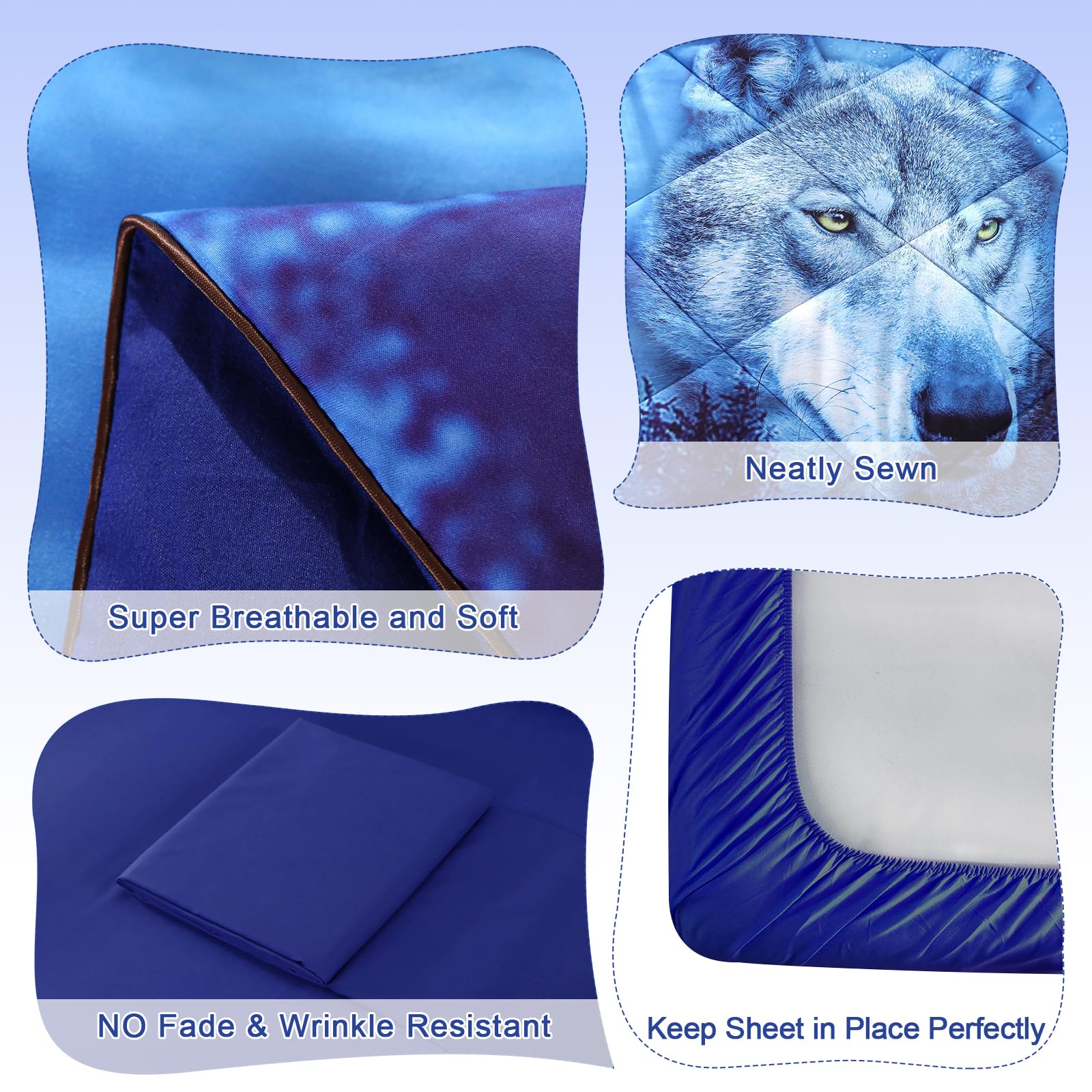 Wowelife 5-Piece Full Size Wolf Bedding Set - 3D Blue Kids Comforter with Breathable Comforter, Flat Sheet, Fitted Sheet & 2 Pillowcases | Perfect for Boys' Room, Teen Bedroom & Wildlife Themed Decor