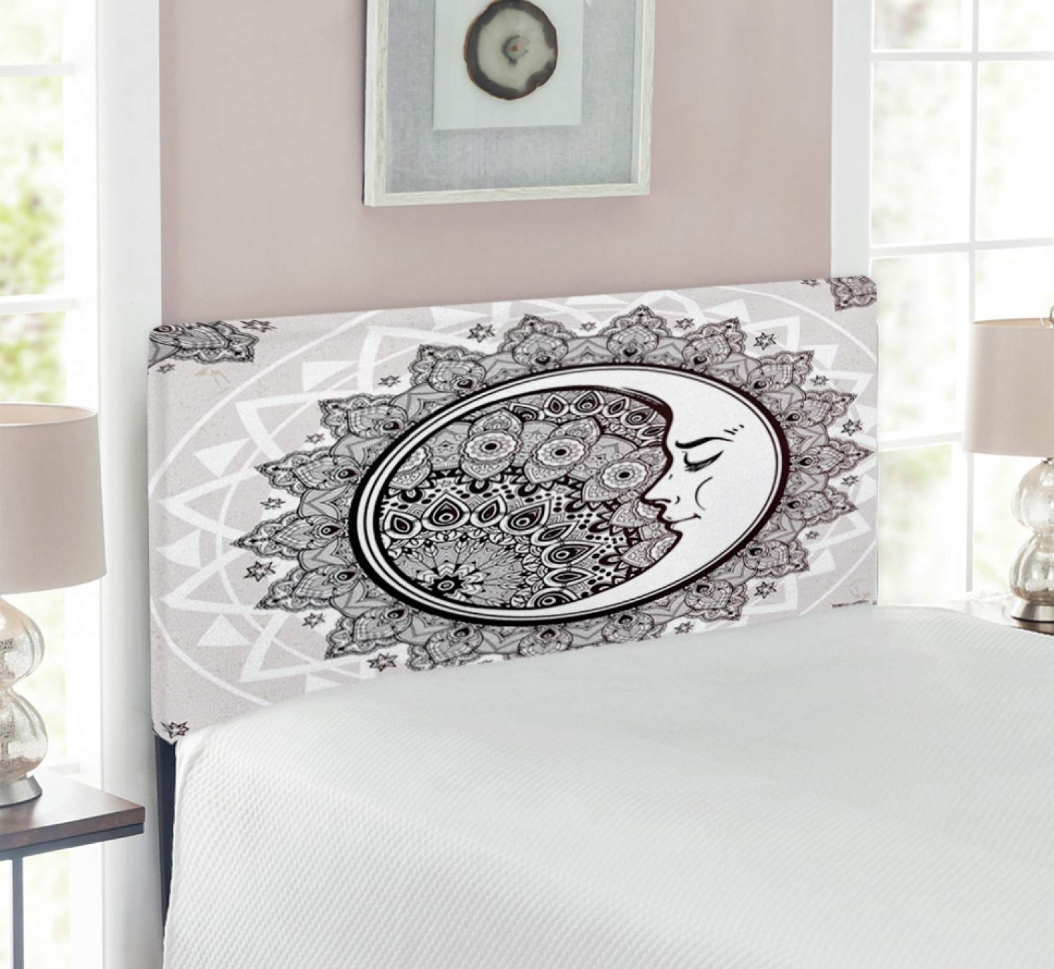 Ambesonne Mystic Upholstered Headboard - Ornate Crescent Moon with Stars & Mandala Design, Decorative Metal Bed Frame with Memory Foam, Twin Size in White Beige & Black | Perfect for Bohemian & Eastern-Inspired Bedrooms