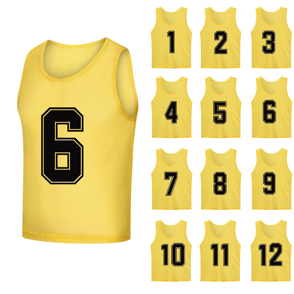 12 Pack (1-12) Numbered Soccer Training Bibs & Basketball Jerseys for Kids, Youth & Adults - Reversible Mesh Pinnies for Sports Practice, Team Games & School PE Classes