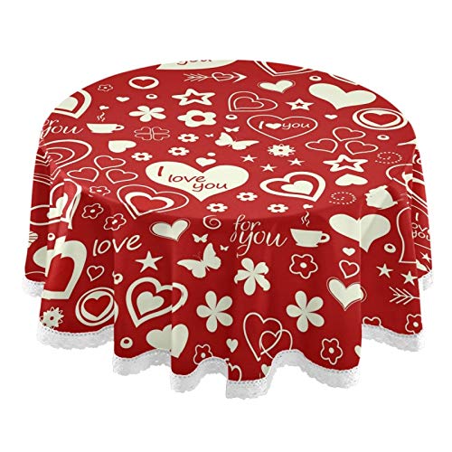 Romantic Love Hearts Pattern Round Tablecloth 60 Inch - Washable Reusable Lace Trim Table Cover for Dining Table, Wedding, Party & Home Decor - Perfect for Valentine's Day, Anniversary Gifts and Special Occasions