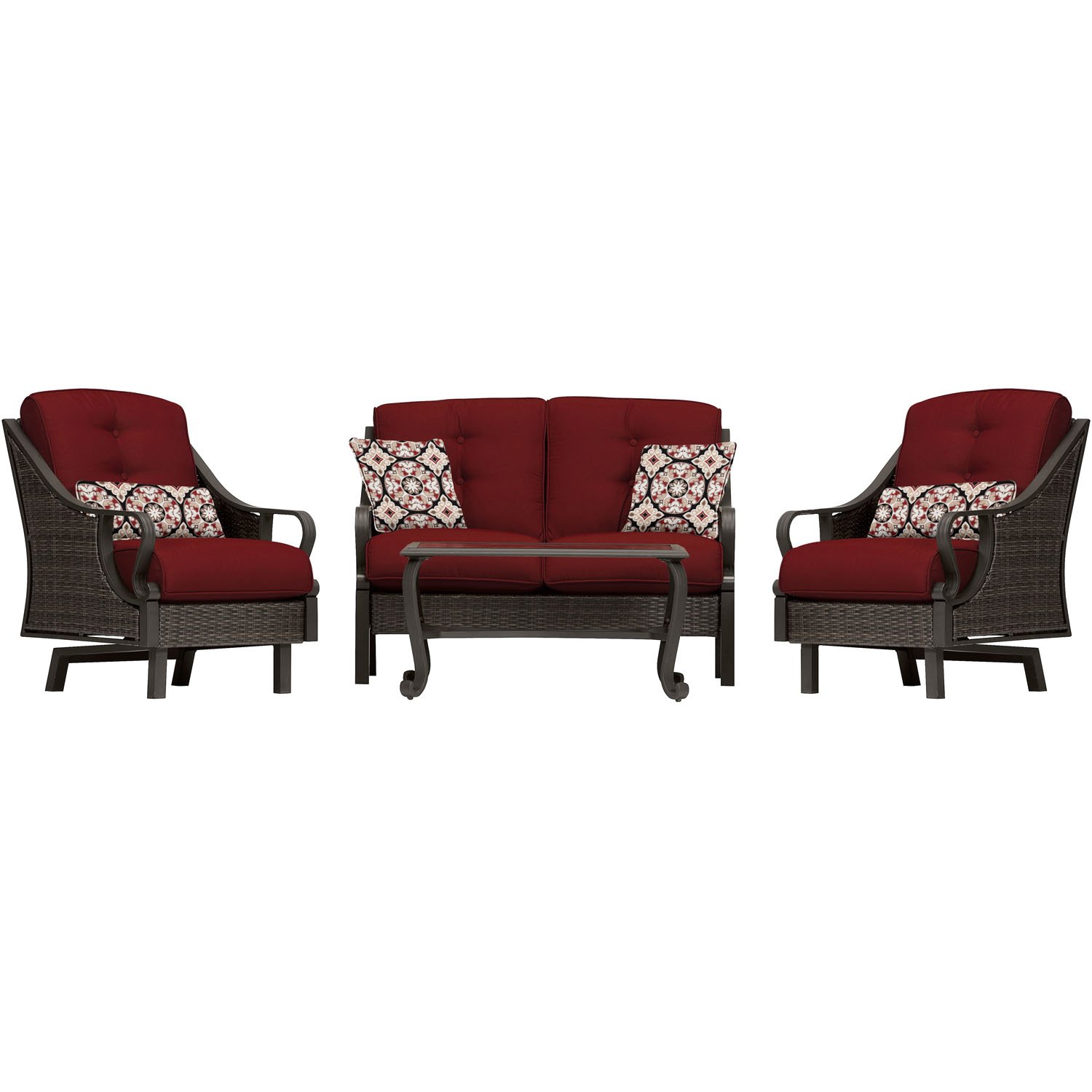 Hanover Crimson Red Ventura 4-Piece Steel Outdoor Patio Deep Seating Set with Cushions, 4 Pillows & Rectangular Coffee Table - Perfect for Backyard, Garden & Poolside Relaxation (VENTURA4PC-RED)