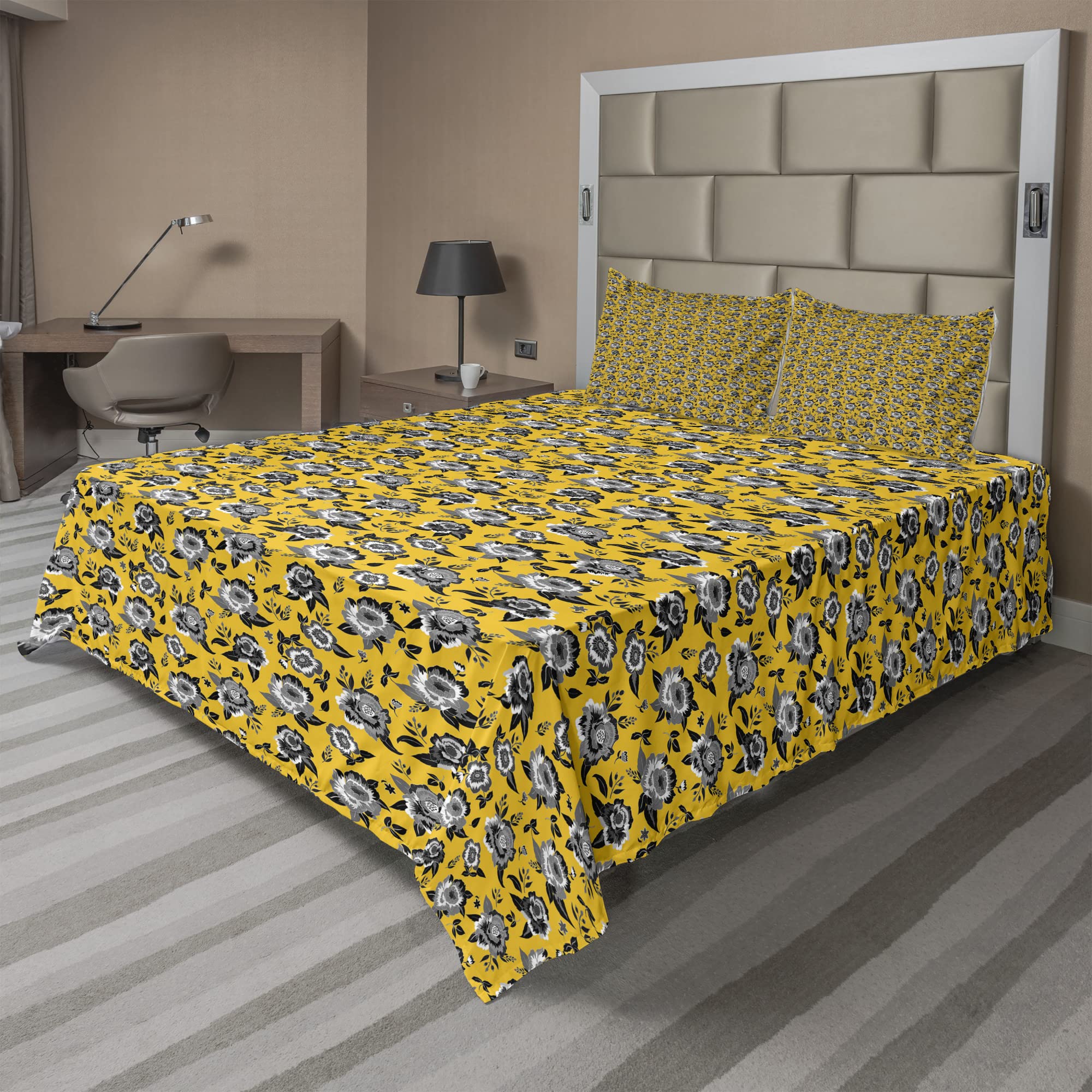 Ambesonne Floral Bedding Set 4-Piece - King Size Grey & Earth Yellow Leaf Pattern Sheets with Pillowcases | Botanical Garden Inspired Bedroom Decor | Perfect for Master Bedroom, Guest Room & Vacation Homes