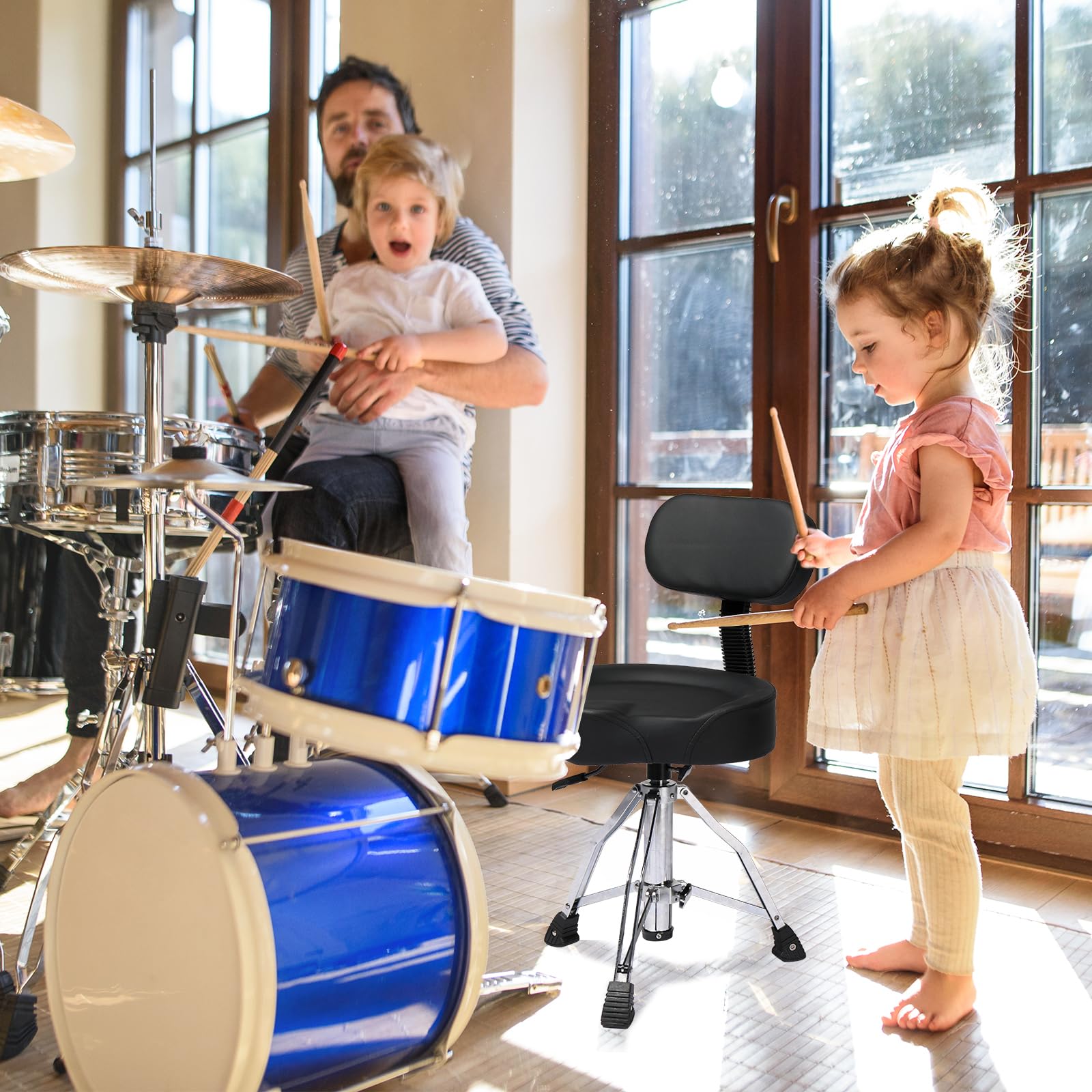 **Heavy Duty Hydraulic Drum Throne with Backrest - Adjustable Height Drum Stool, Ergonomic Saddle Seat for Drummers (Black) - Perfect for Live Performances, Studio Sessions & Practice**