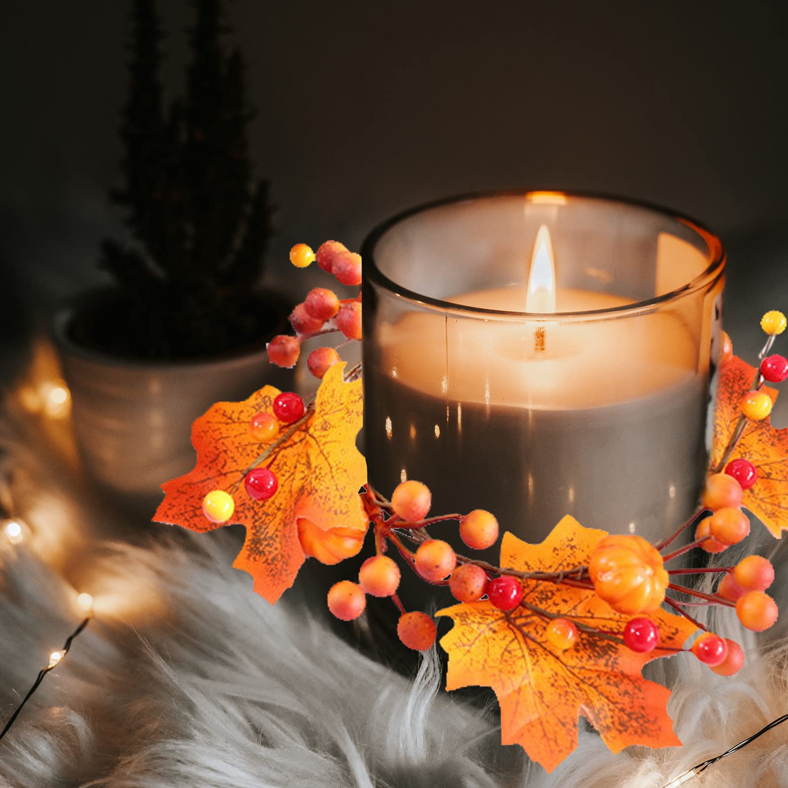 6 PCS Halloween Pumpkin Maple Leaf Candle Rings - 4.7 Inch DIY Artificial Candle Wreaths with Berries for Table Decor, Wedding Centerpieces, Thanksgiving & Fall Party Decorations - Perfect for Fireplace Mantel, Dining Table, and Seasonal Home Decor