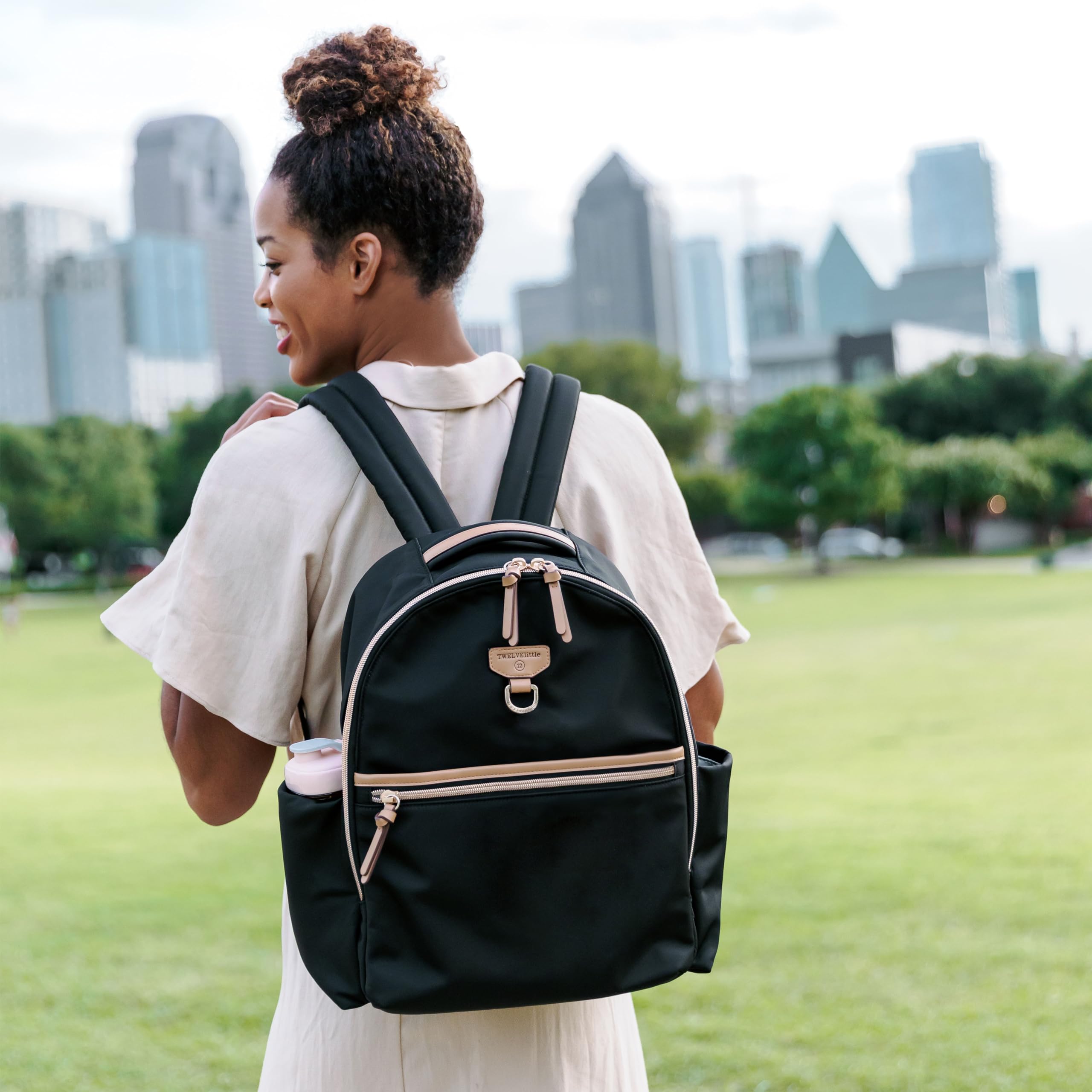 **TWELVElittle Midi Go Diaper Backpack for Moms & Dads – Waterproof Baby Bag with 13 Pockets & Changing Pad – Black/Tan – Perfect for Travel, Daycare & On-the-Go Parenting**