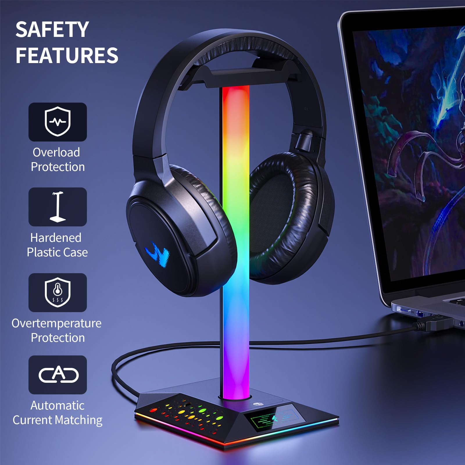 RGB Gaming Headphone Stand with Dual USB Chargers & Cool LED Lights - Premium PC Gaming Accessories for Men, Boys & Gamers - Perfect Headset Holder for Desk Setup, Streaming & Esports Gaming