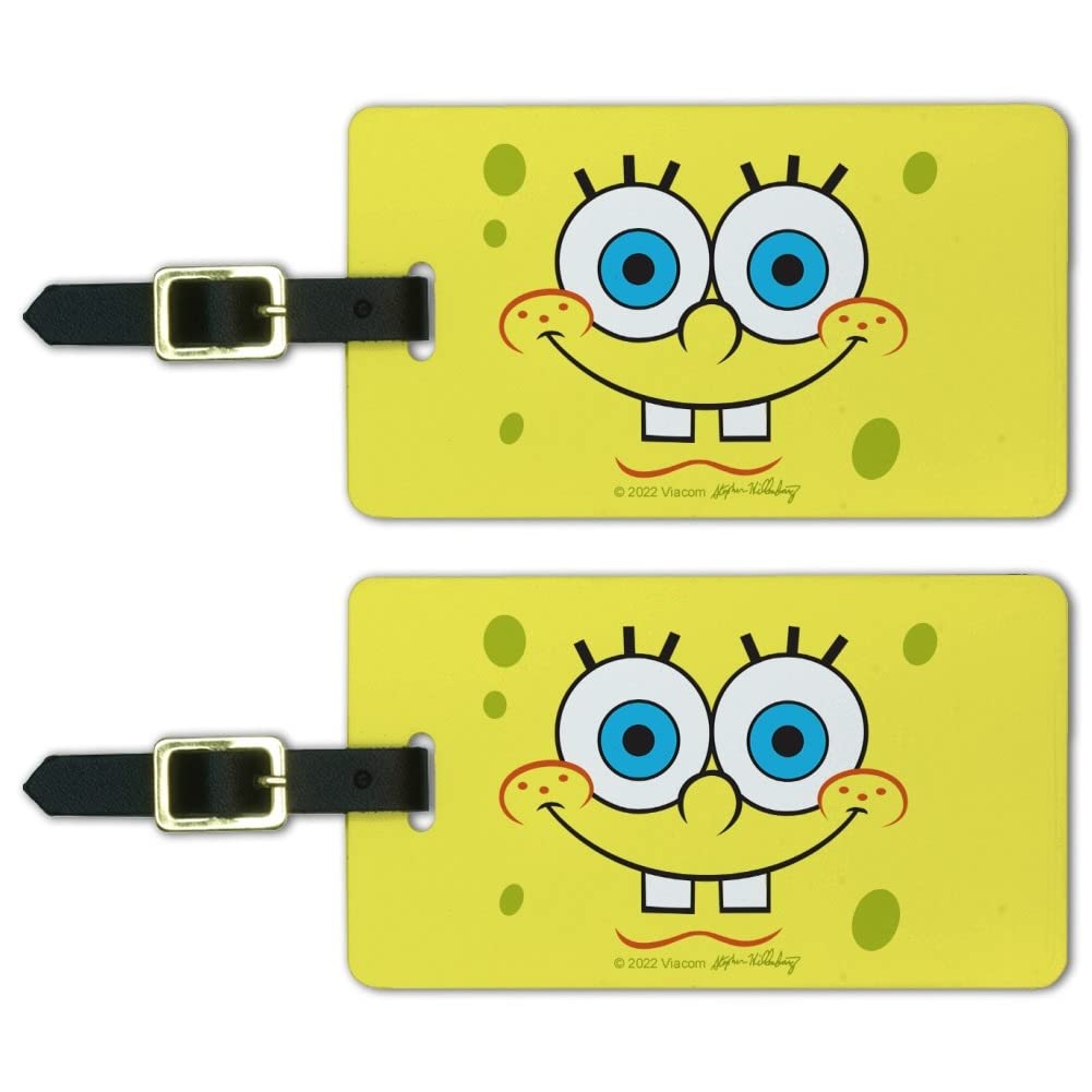 SpongeBob Smiling Face Luggage ID Tags - Set of 2 Waterproof Suitcase Tags for Travel, Carry-On Bags & Backpacks - Perfect for Kids & Adults Travel Accessories
