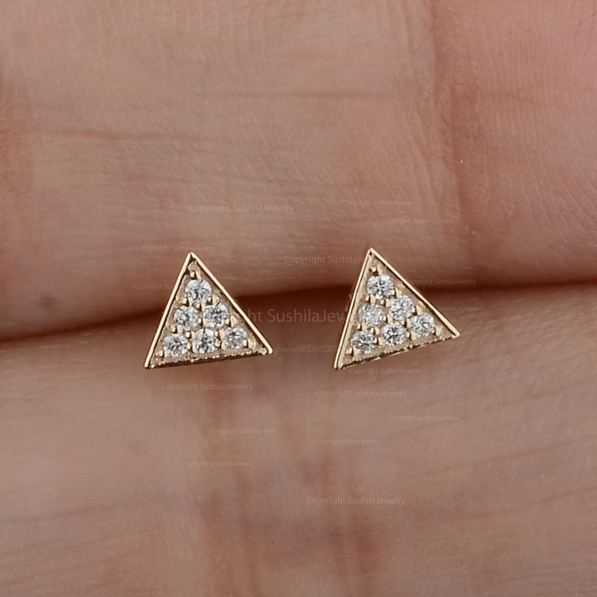 14K Yellow Gold Pave Diamond Triangle Stud Earrings for Women - Elegant & Durable Jewelry for Parties, Weddings & Everyday Wear
