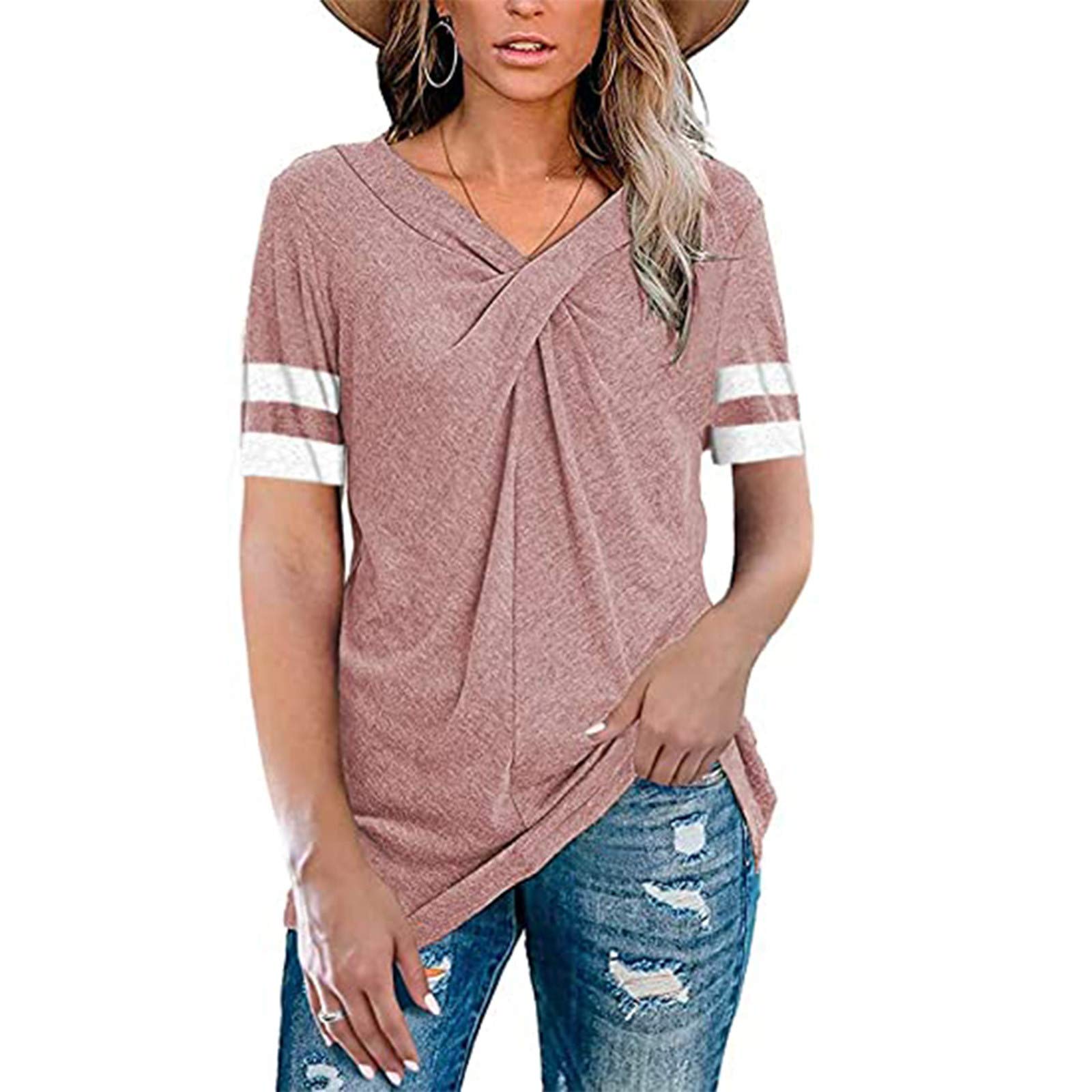 Women's V-Neck Short Sleeve Summer T-Shirt - Cross Knot Loose Casual Tunic Top for Beach, Travel & Everyday Wear | Flowy Comfort Fit Fashion Top